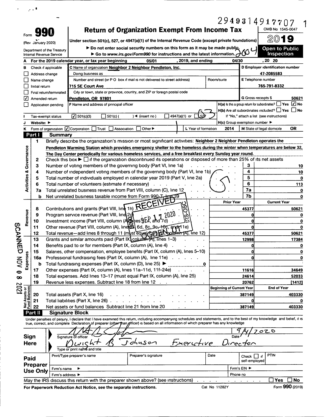 Image of first page of 2019 Form 990 for Neighbor 2 Neighbor Pendleton