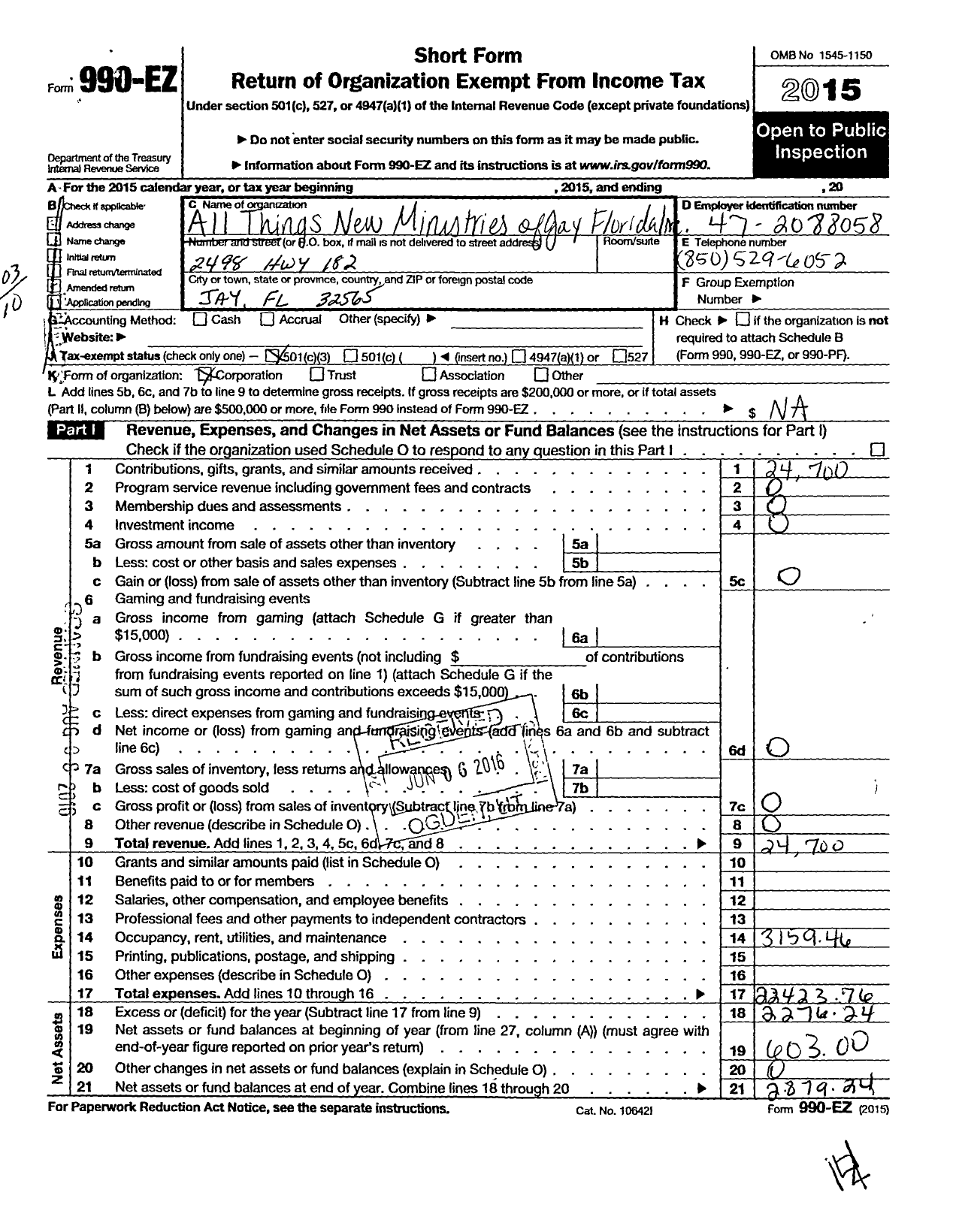 Image of first page of 2015 Form 990EZ for All Things New Ministries of Gay Florida