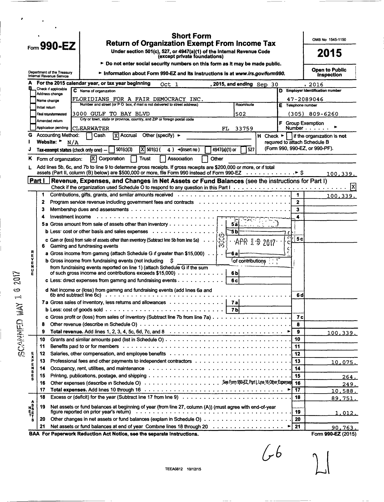 Image of first page of 2015 Form 990EO for Floridians for a Fair Democracy