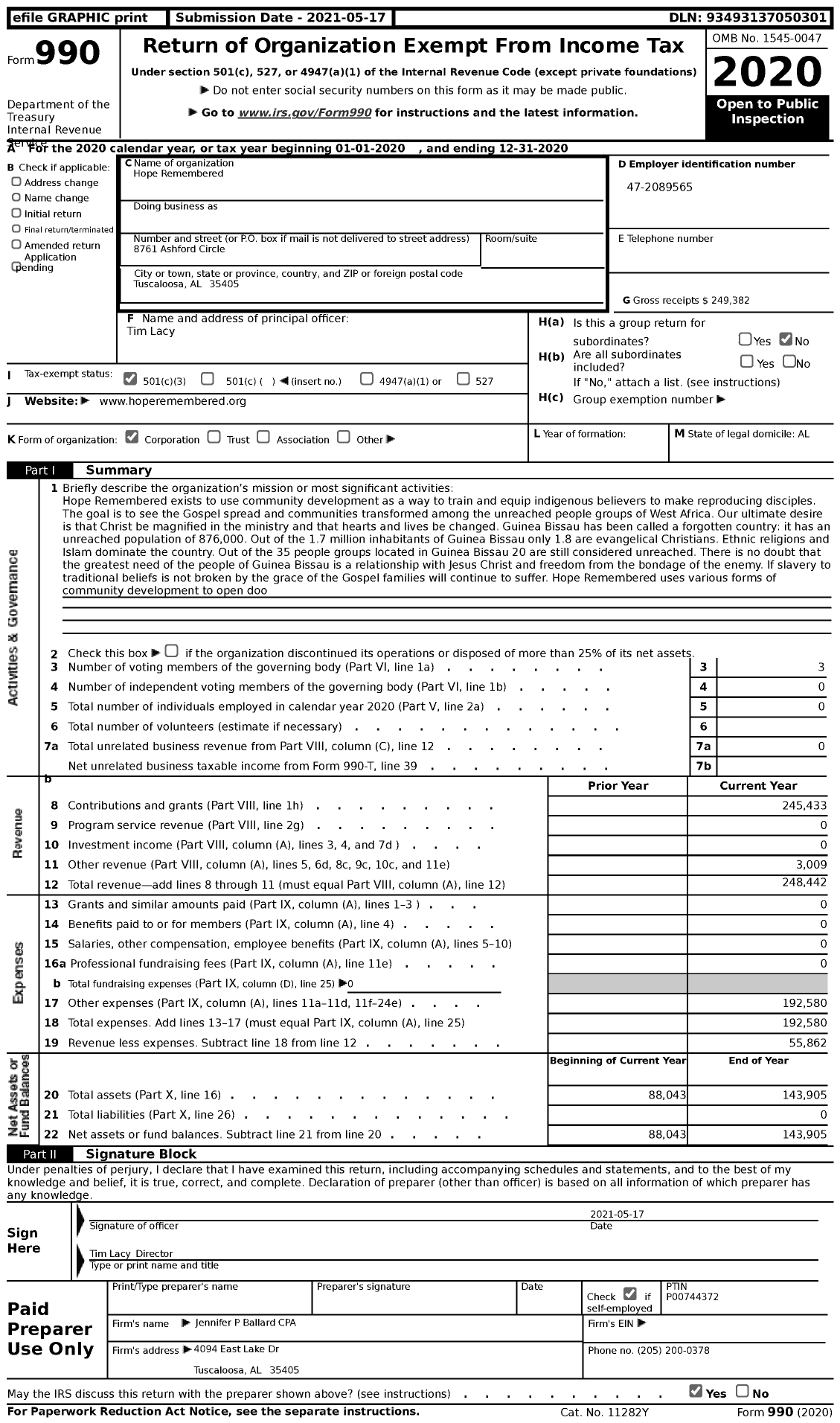 Image of first page of 2020 Form 990 for Hope Remembered