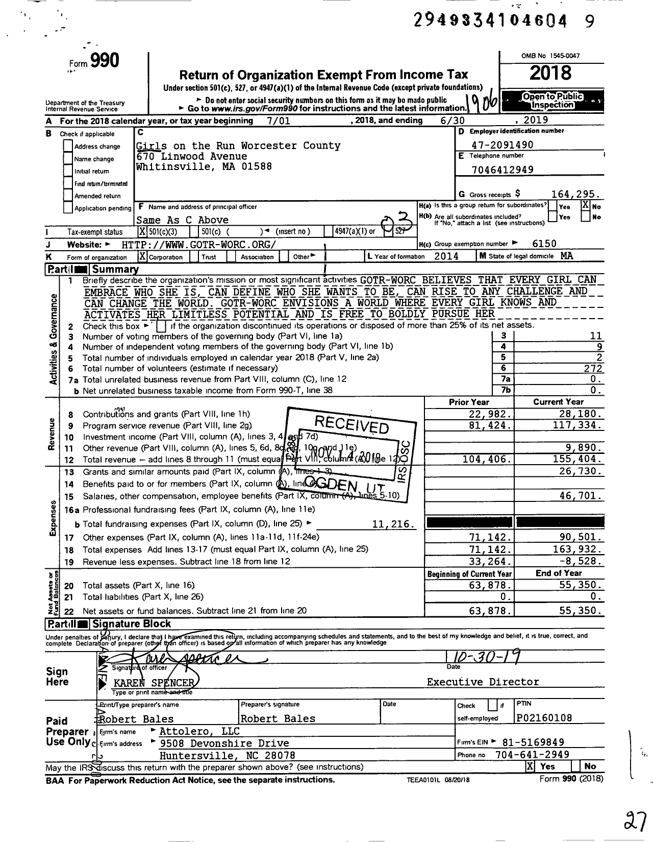 Image of first page of 2018 Form 990 for Girls on the Run Worcester County