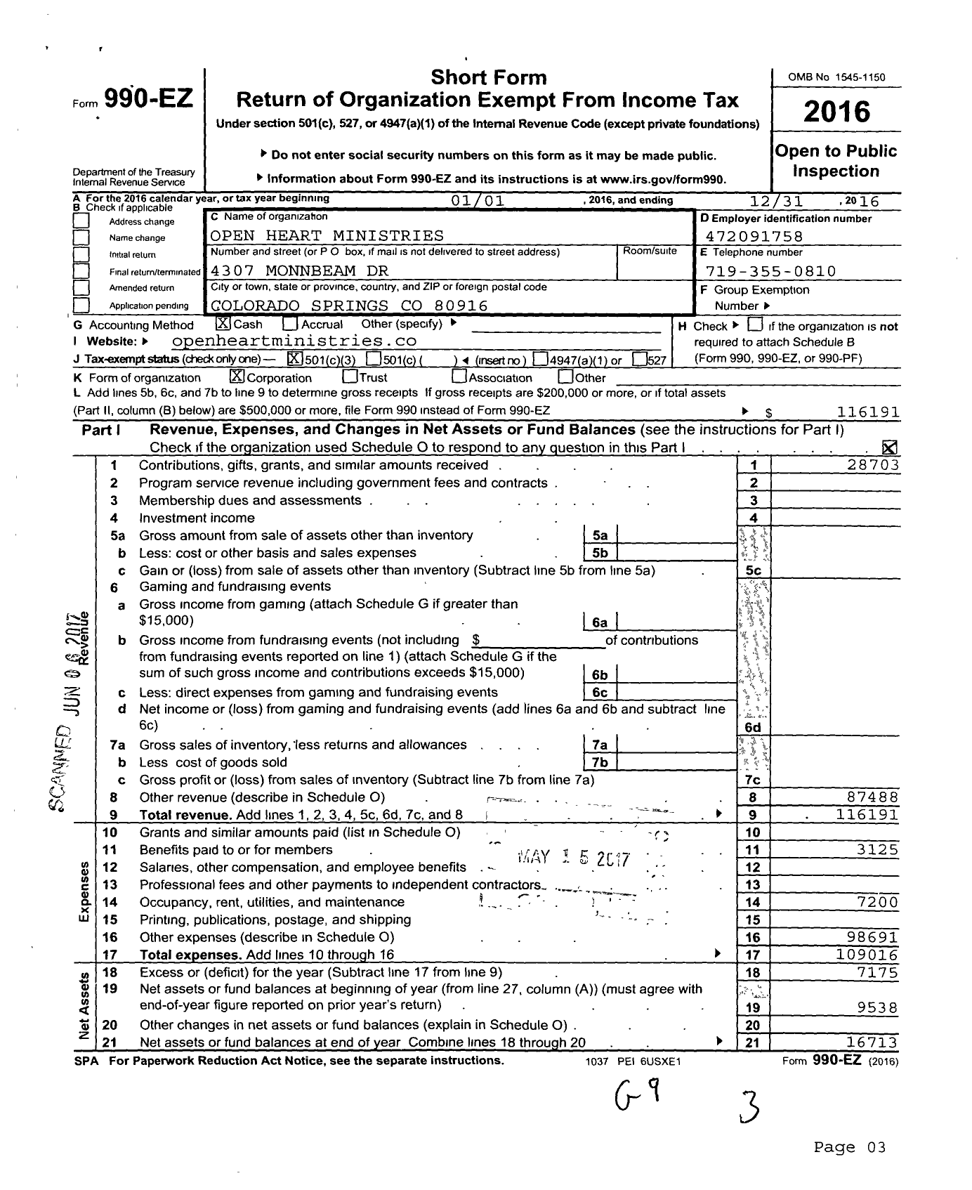 Image of first page of 2016 Form 990EZ for Open Heart Ministries