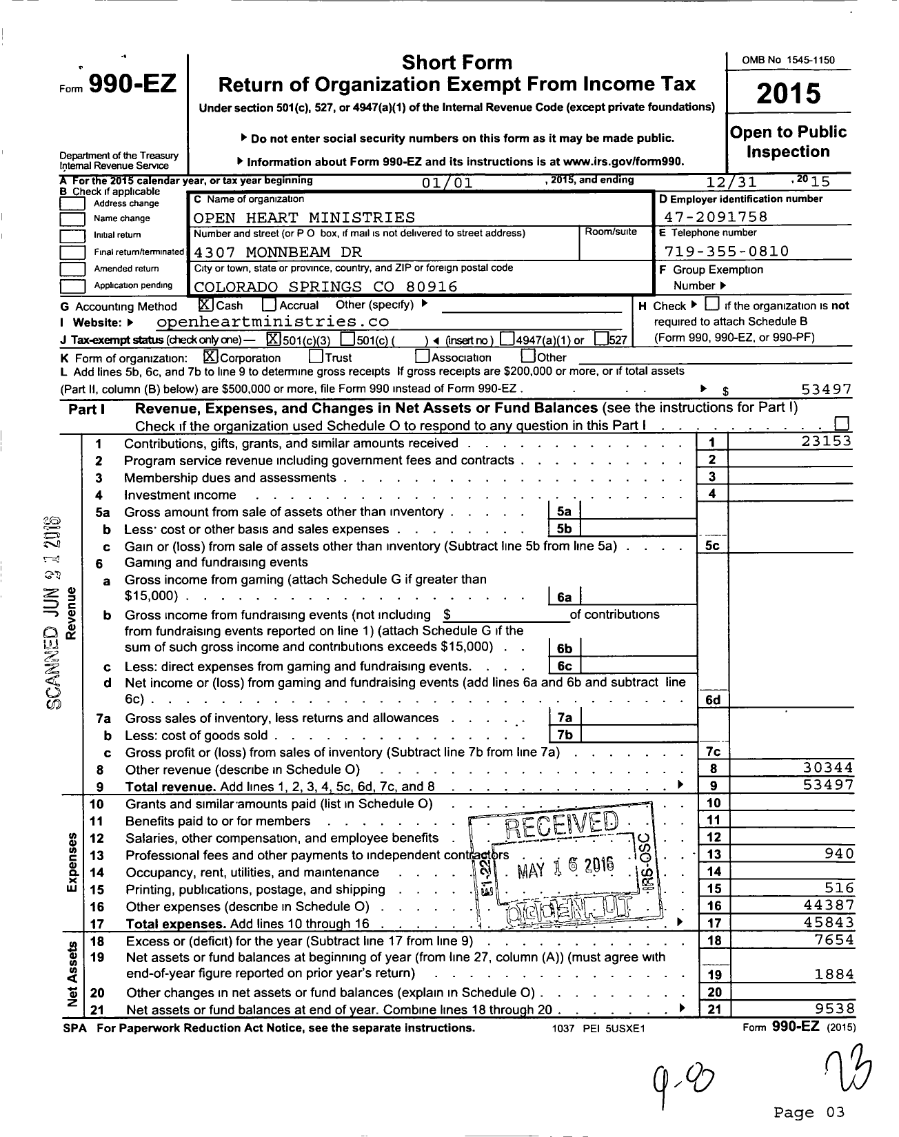 Image of first page of 2015 Form 990EZ for Open Heart Ministries