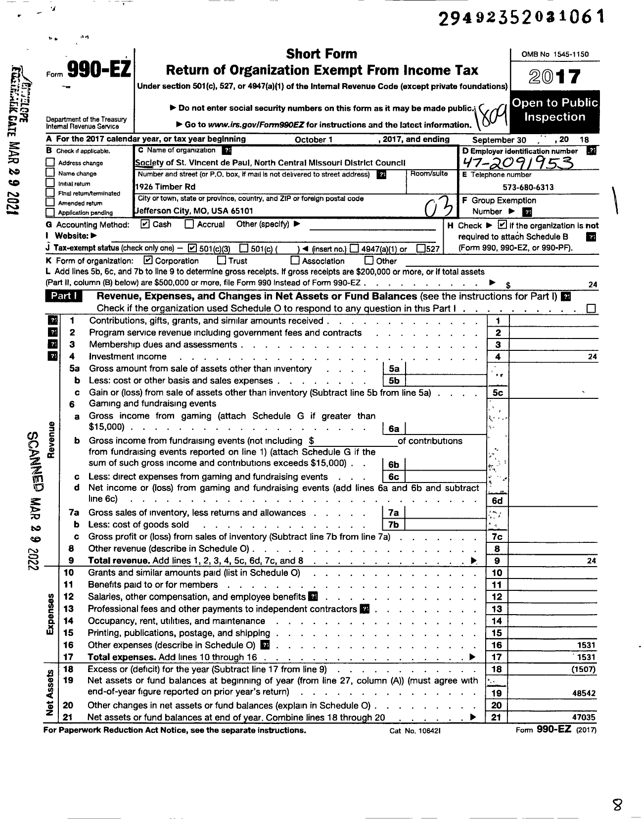 Image of first page of 2017 Form 990EZ for Society of St Vincent de Paul North Central Missouri District Council