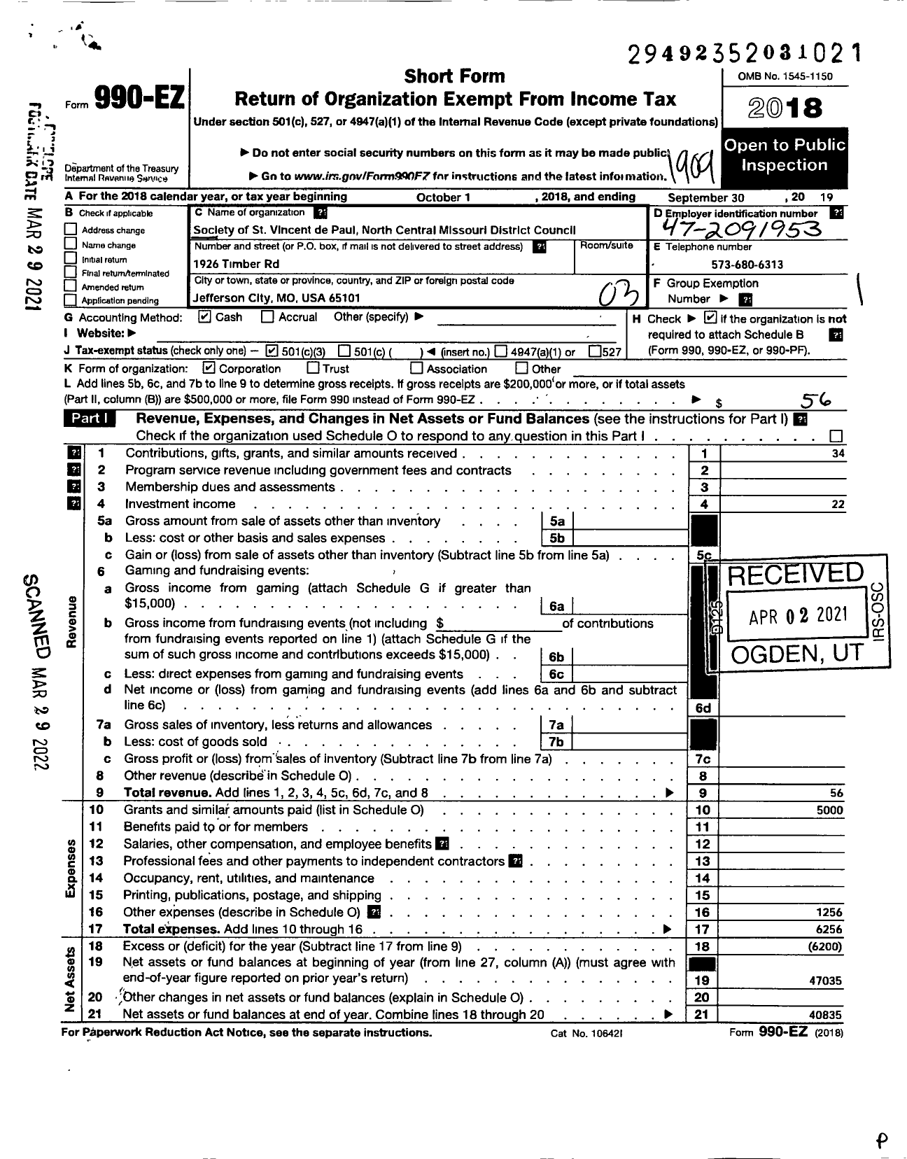 Image of first page of 2018 Form 990EZ for Society of St Vincent de Paul North Central Missouri District Council