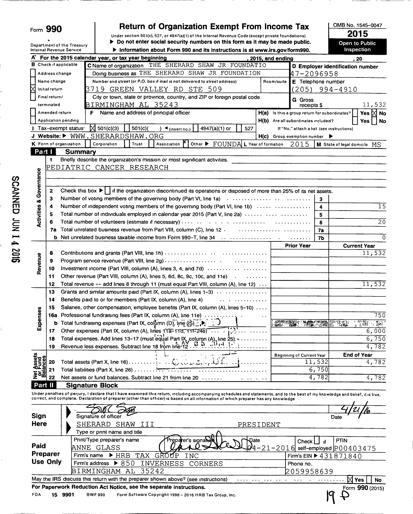 Image of first page of 2015 Form 990 for Sherard Shaw JR Foundation