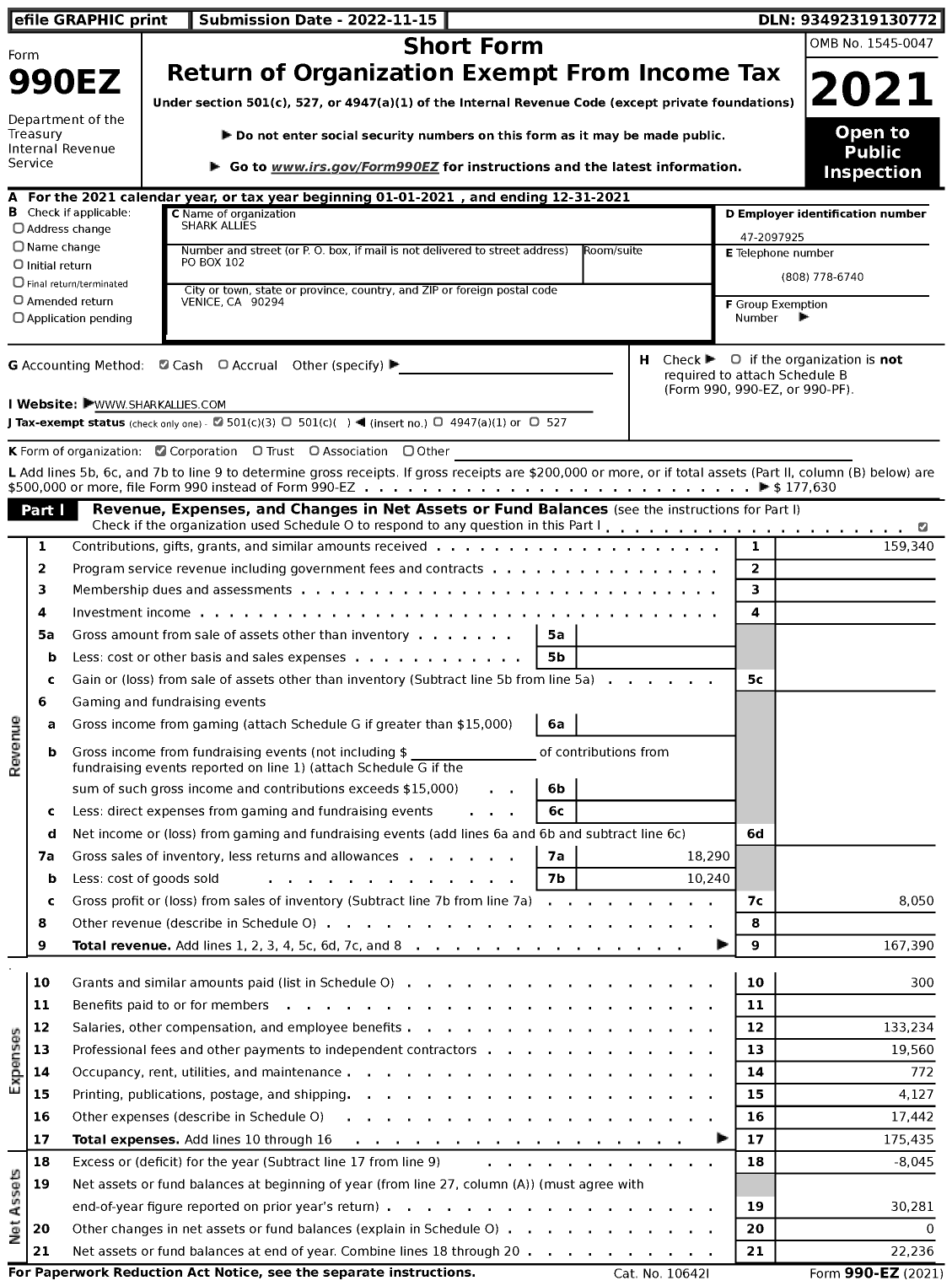 Image of first page of 2021 Form 990EZ for Shark Allies