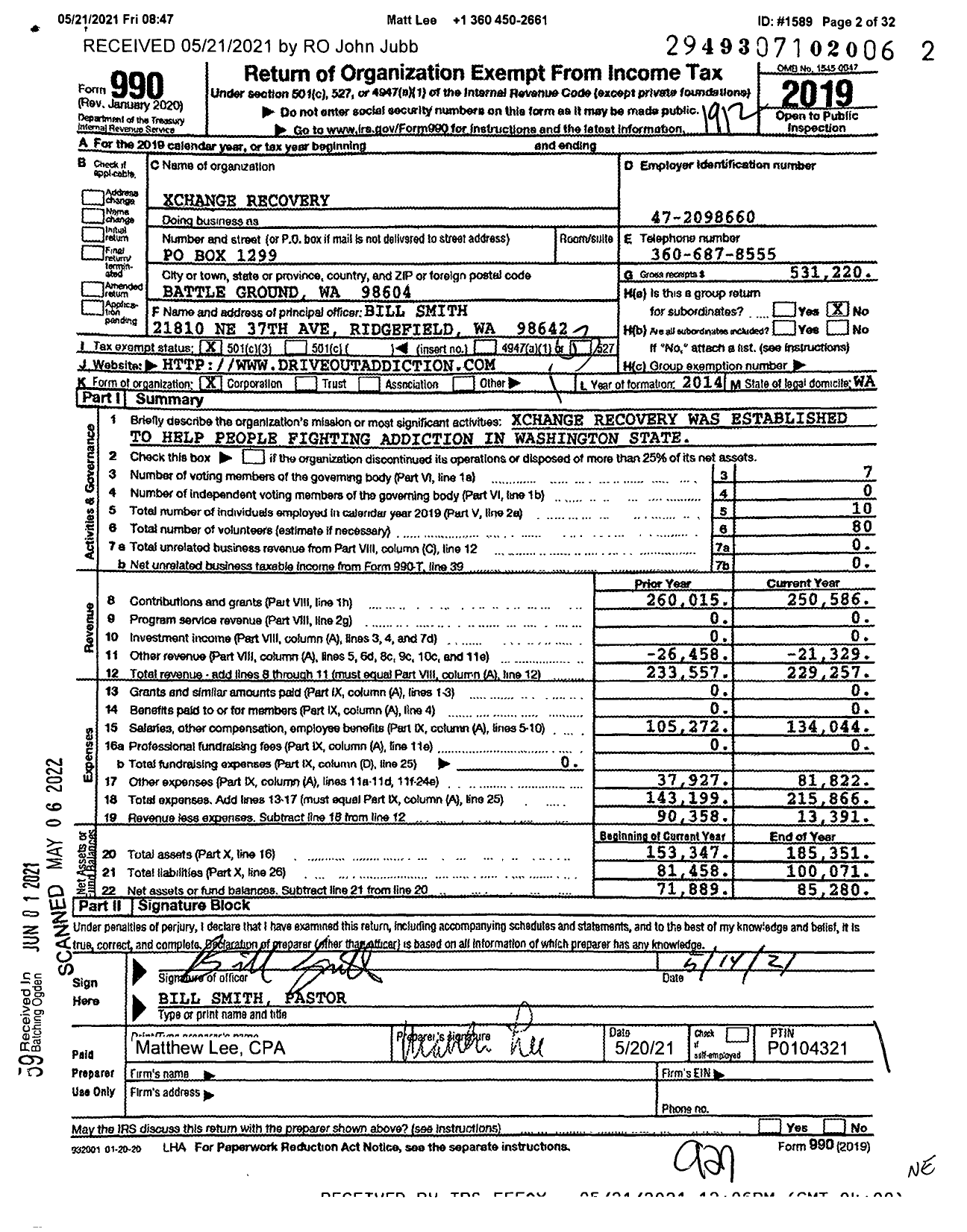 Image of first page of 2019 Form 990 for XChange Recovery