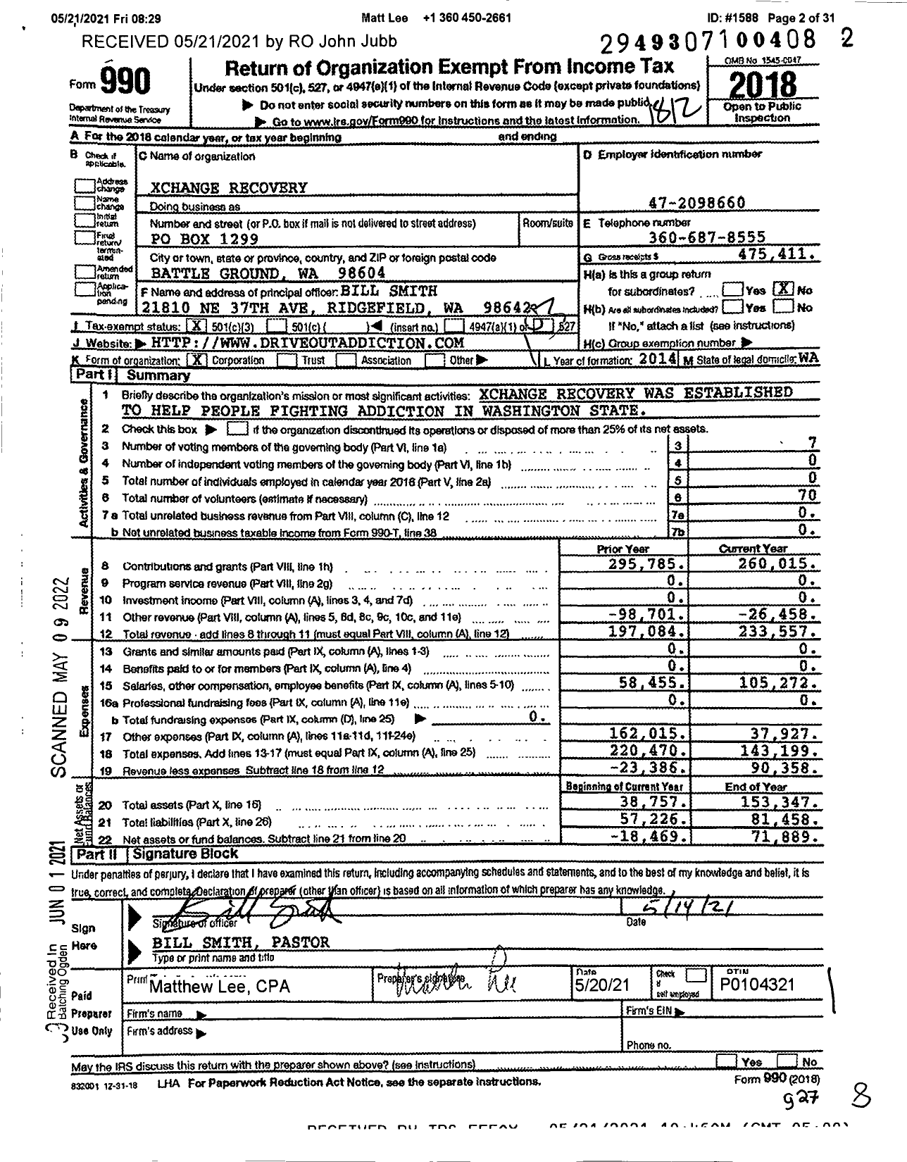 Image of first page of 2018 Form 990 for XChange Recovery