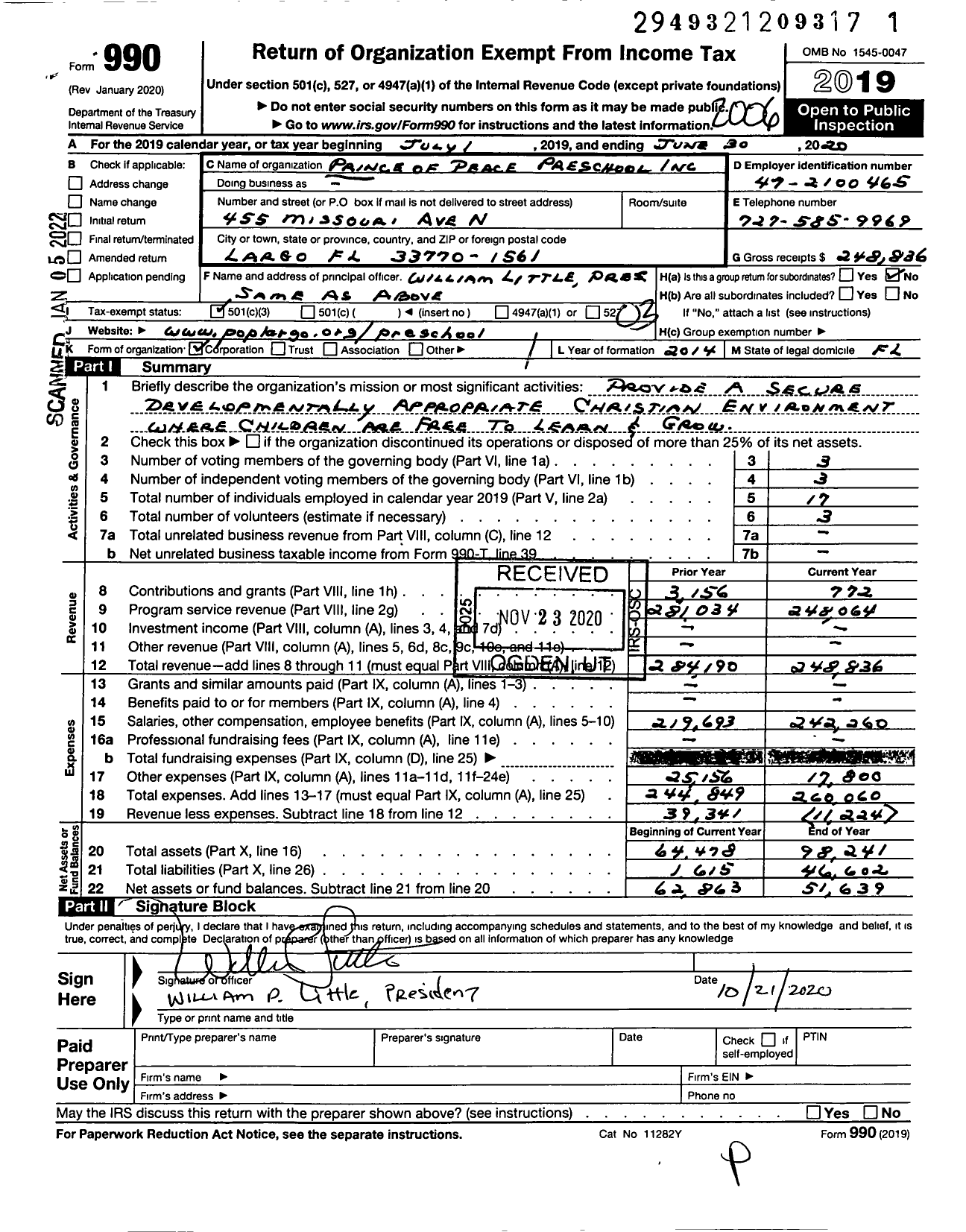 Image of first page of 2019 Form 990 for Prince of Peace Preschool School