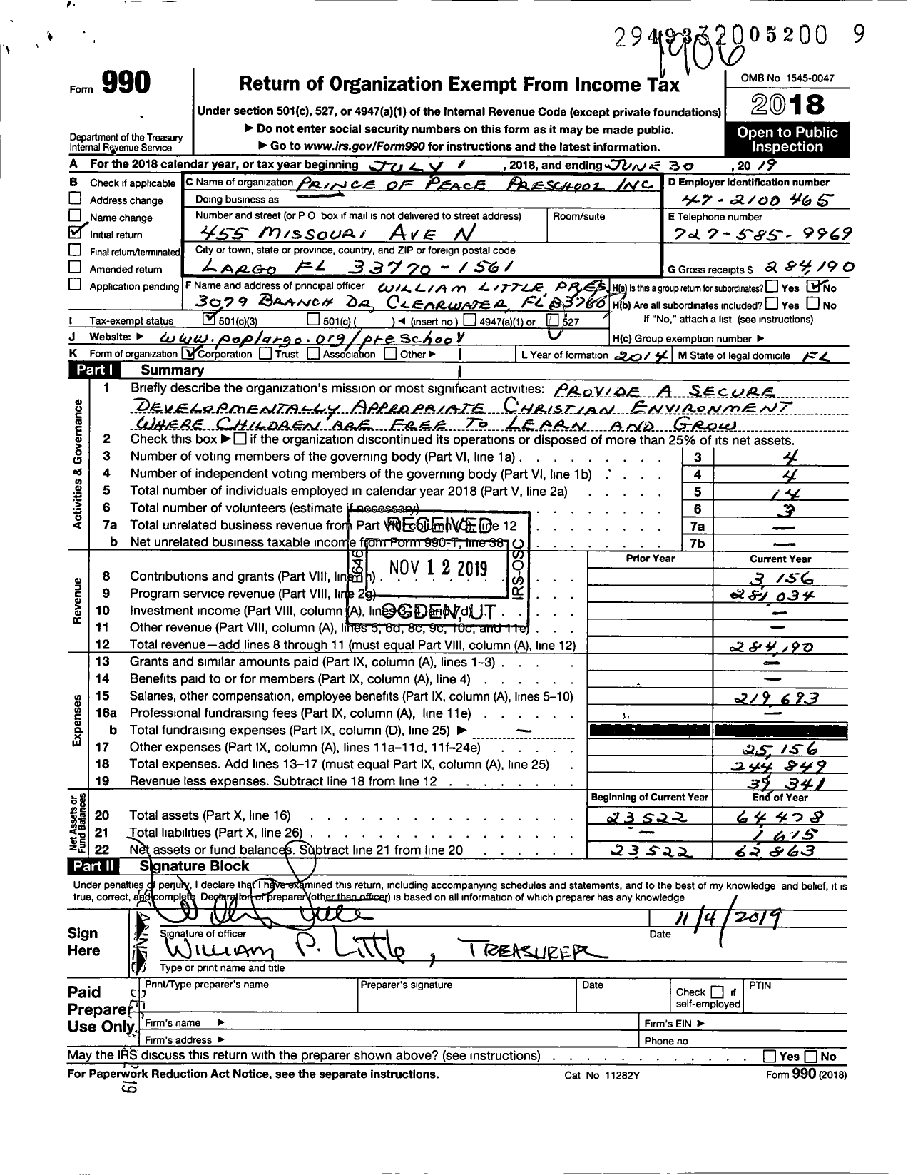 Image of first page of 2018 Form 990 for Prince of Peace Preschool School