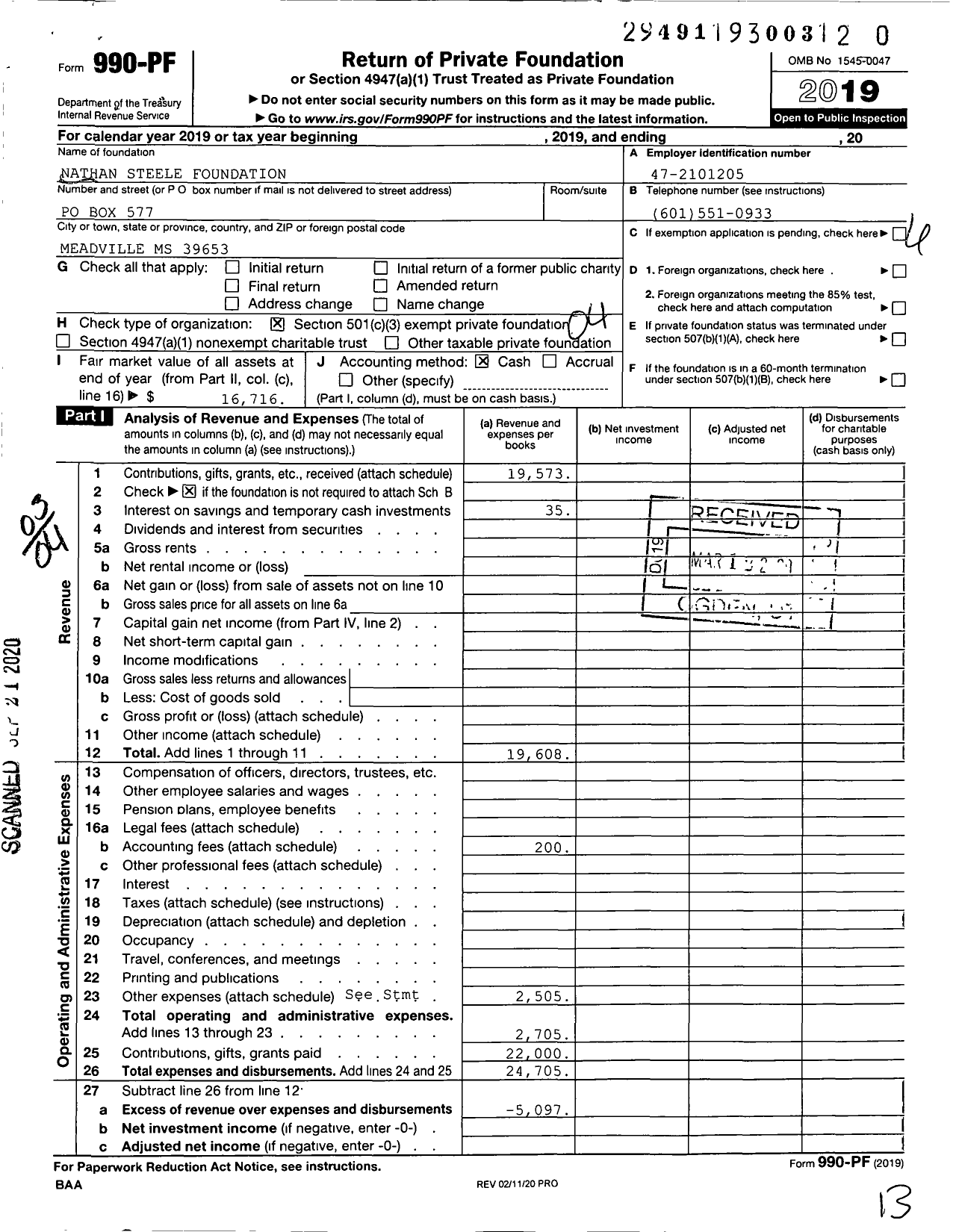 Image of first page of 2019 Form 990PR for Nathan Steele Foundation