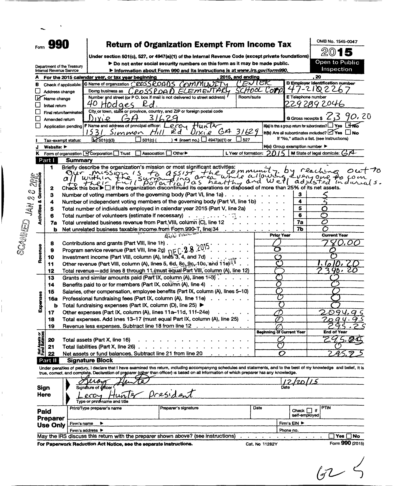 Image of first page of 2015 Form 990 for Crossroad Community Center