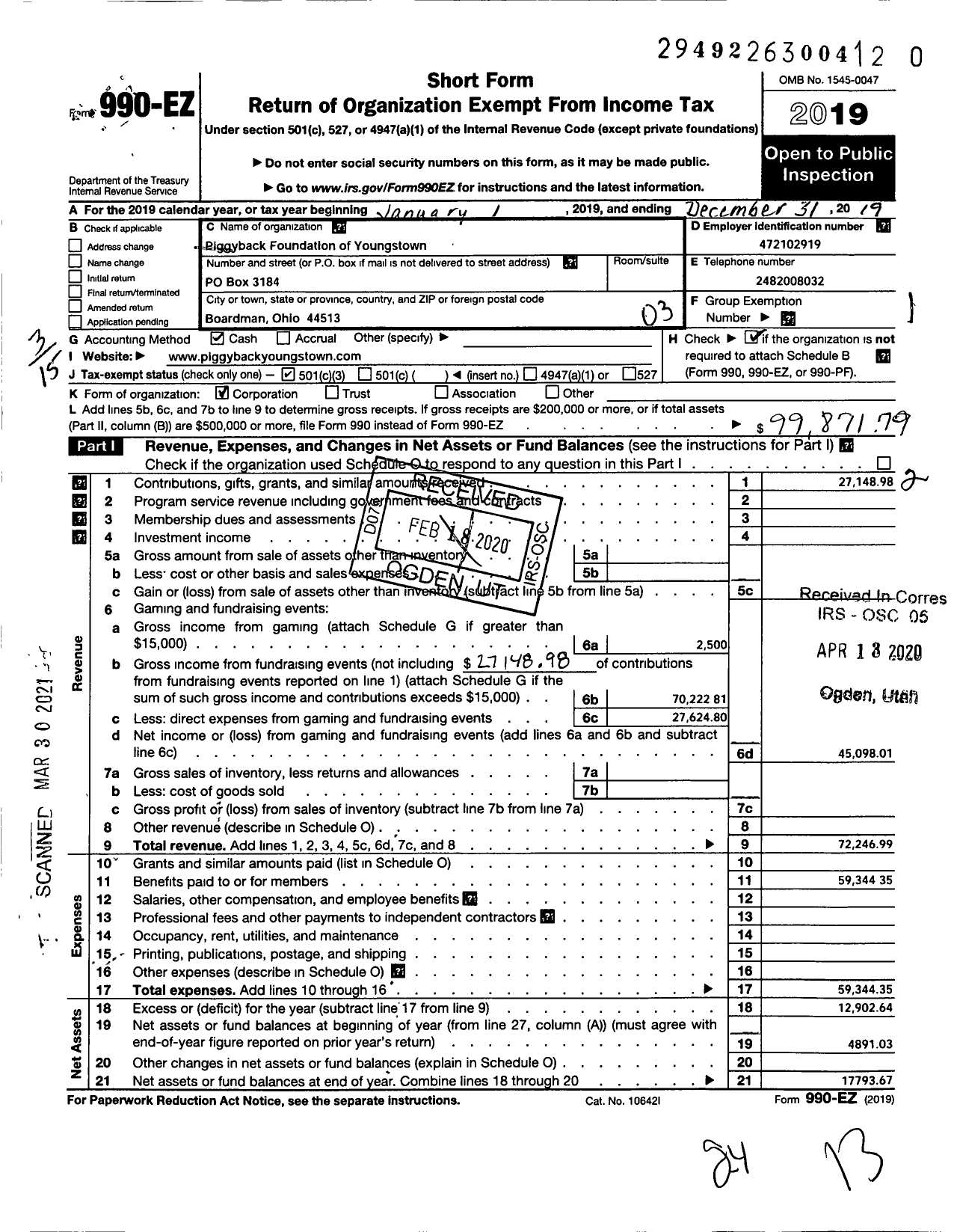 Image of first page of 2019 Form 990EZ for Piggyback Foundation of Youngstown