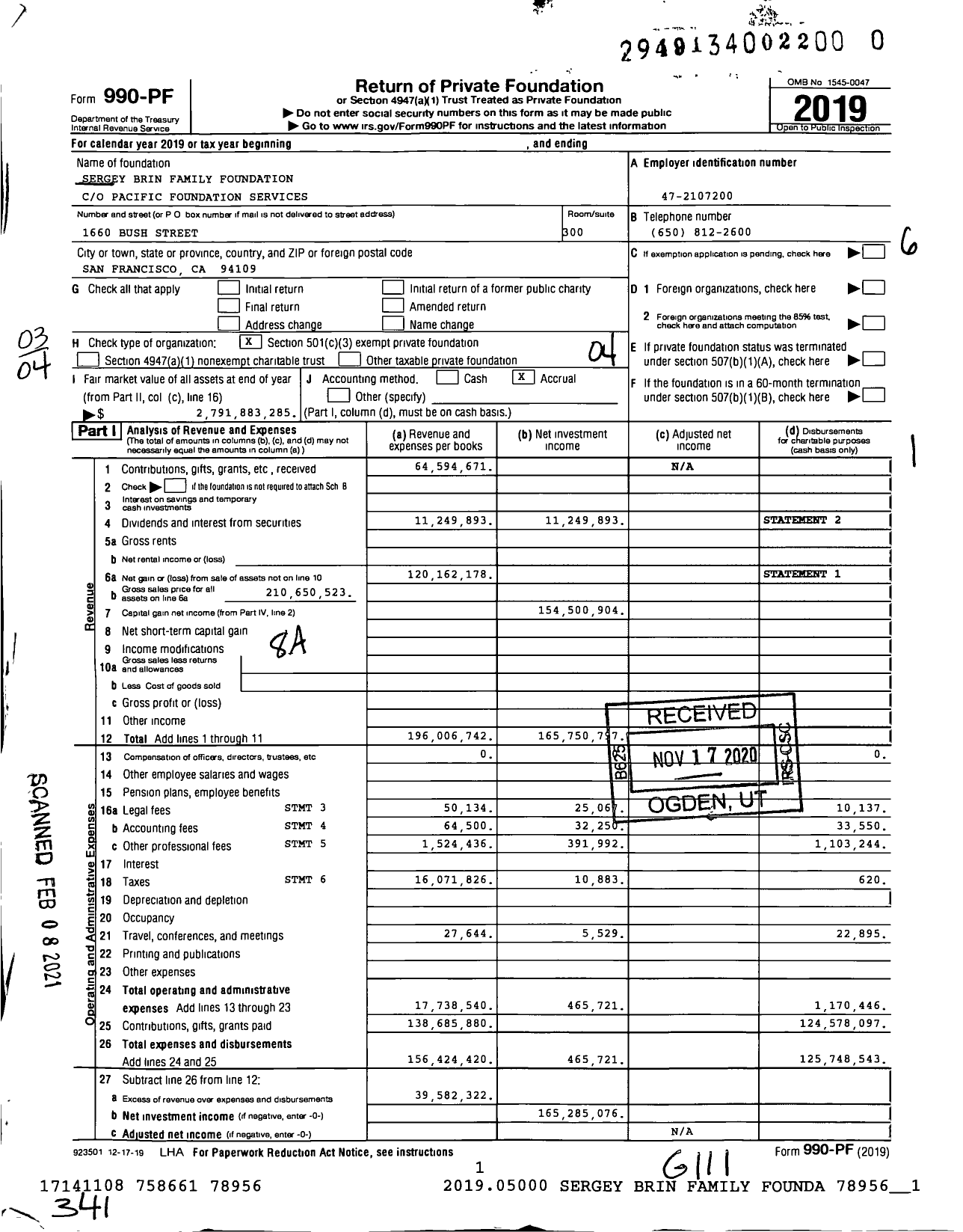 Image of first page of 2019 Form 990PF for Sergey Brin Family Foundation