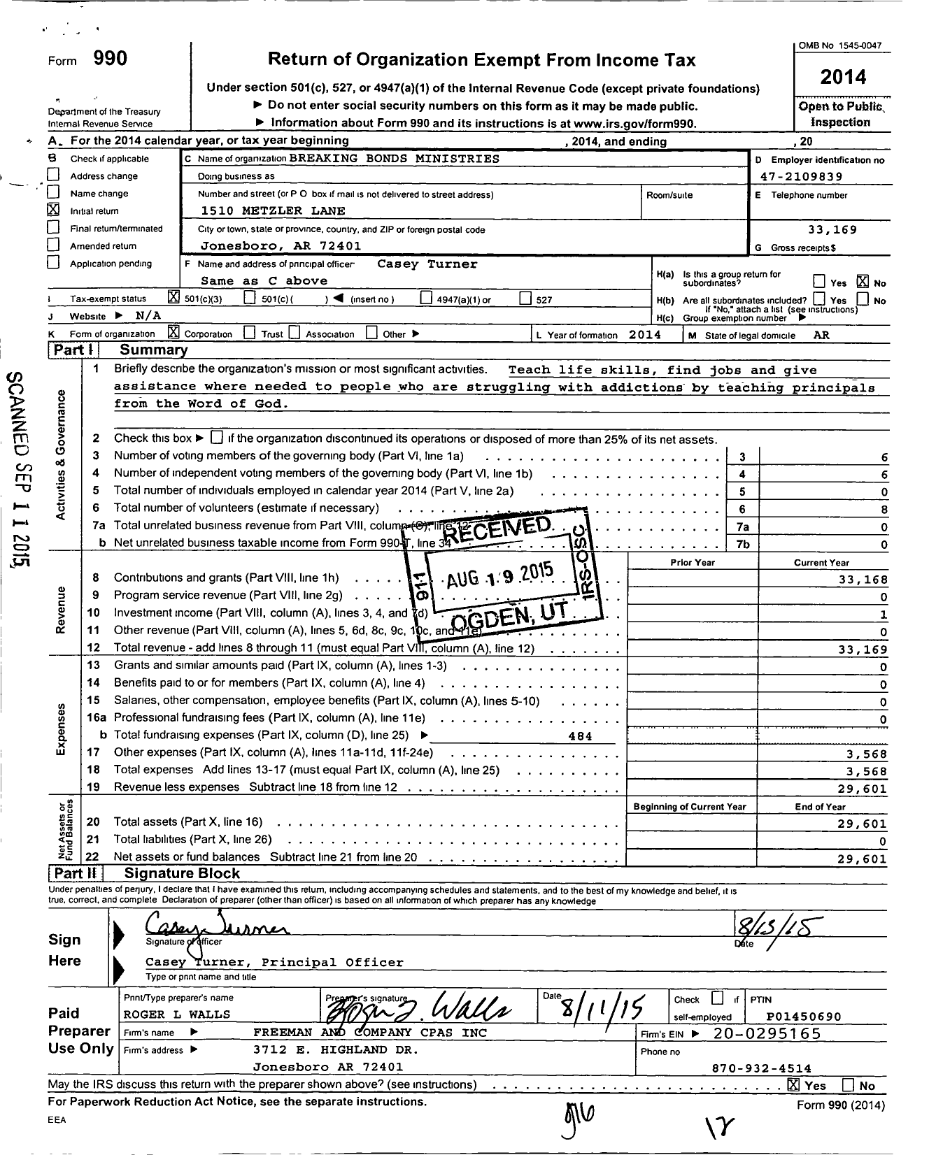 Image of first page of 2014 Form 990 for Breaking Bonds Ministries