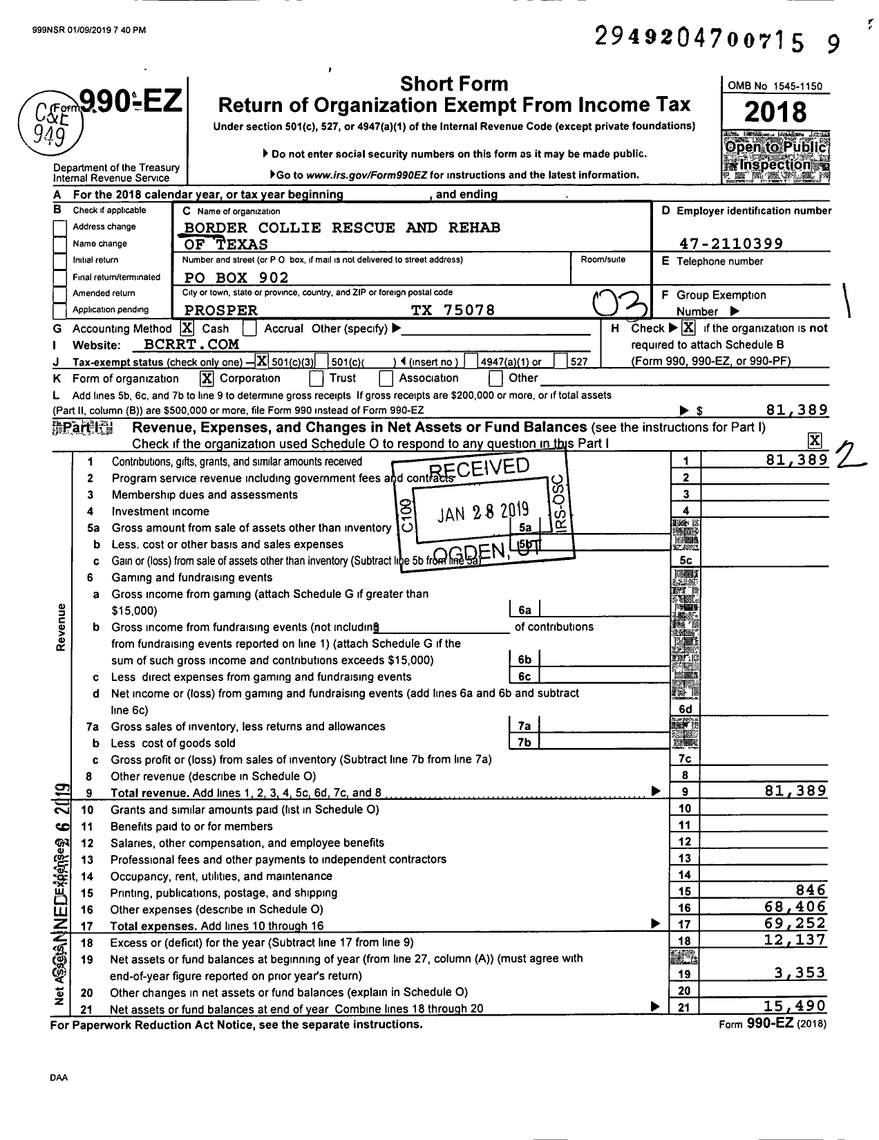 Image of first page of 2018 Form 990EZ for Border Collie Rescue and Rehab of Texas