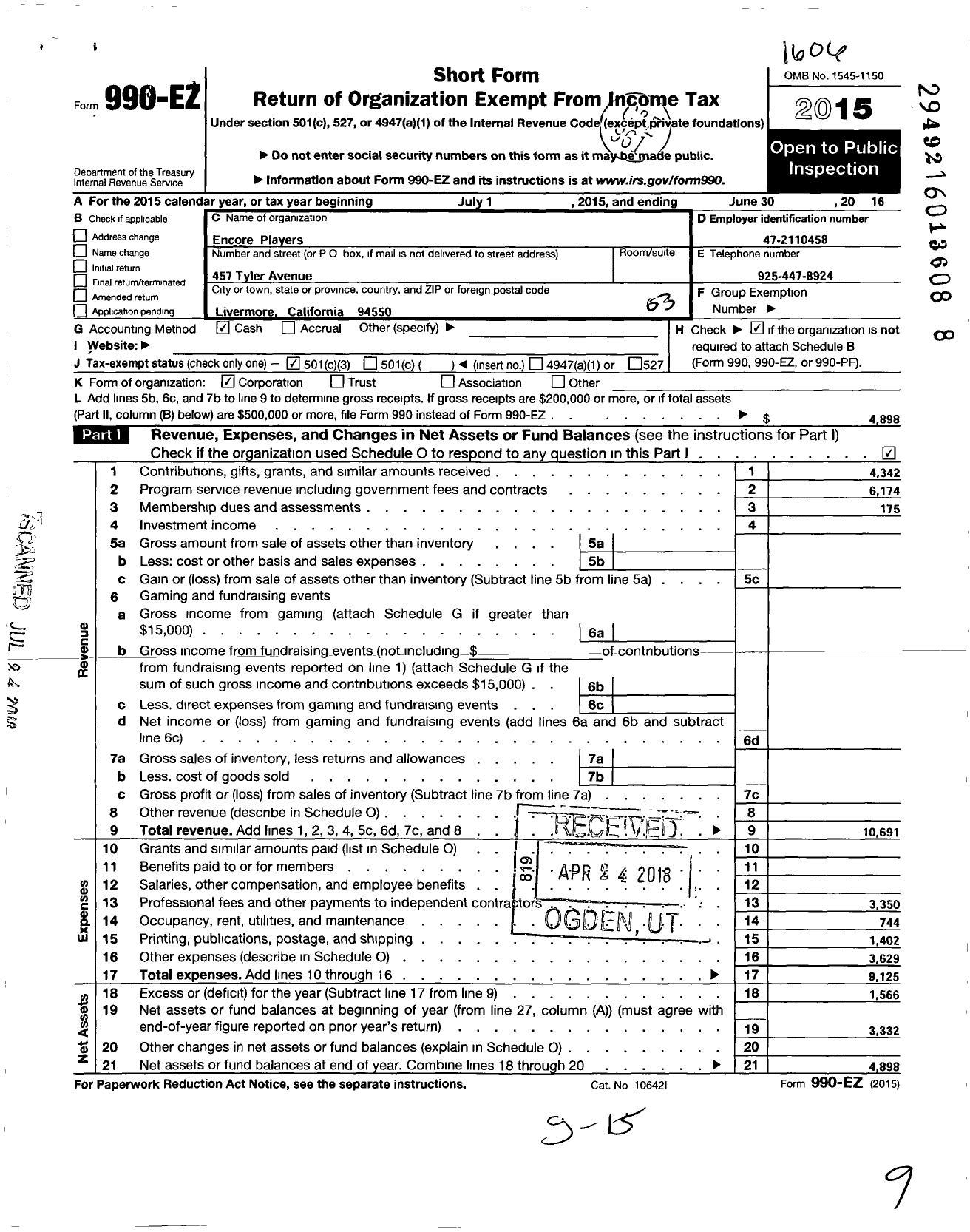 Image of first page of 2015 Form 990EZ for Encore Players