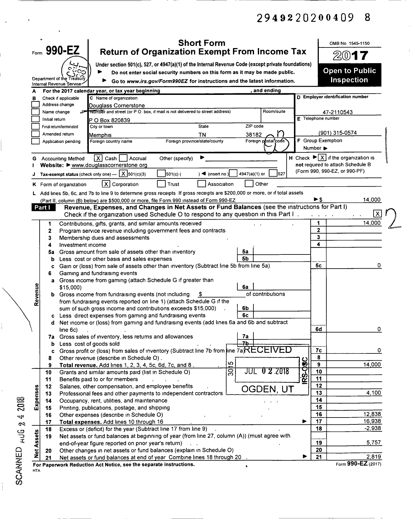 Image of first page of 2017 Form 990EZ for Douglas Cornerstone