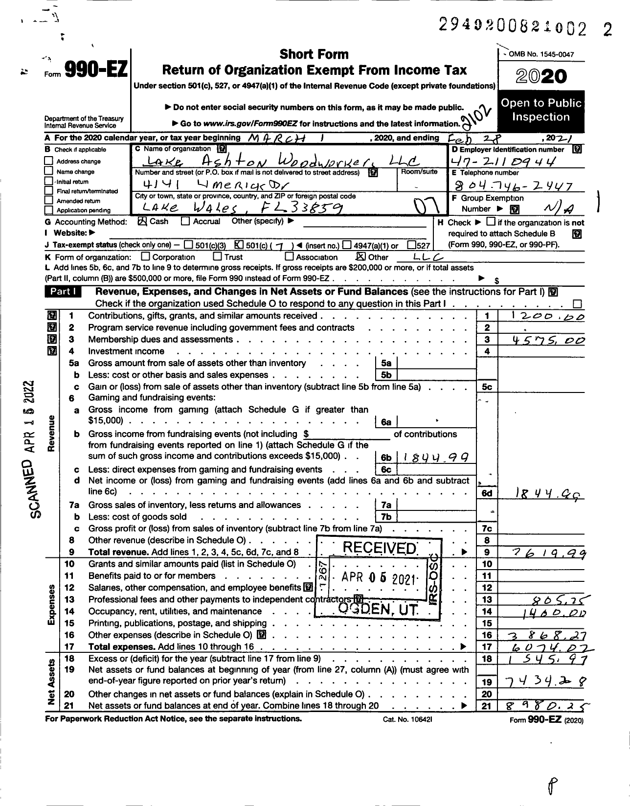 Image of first page of 2020 Form 990EO for Lake Ashton Woodworkers LLC