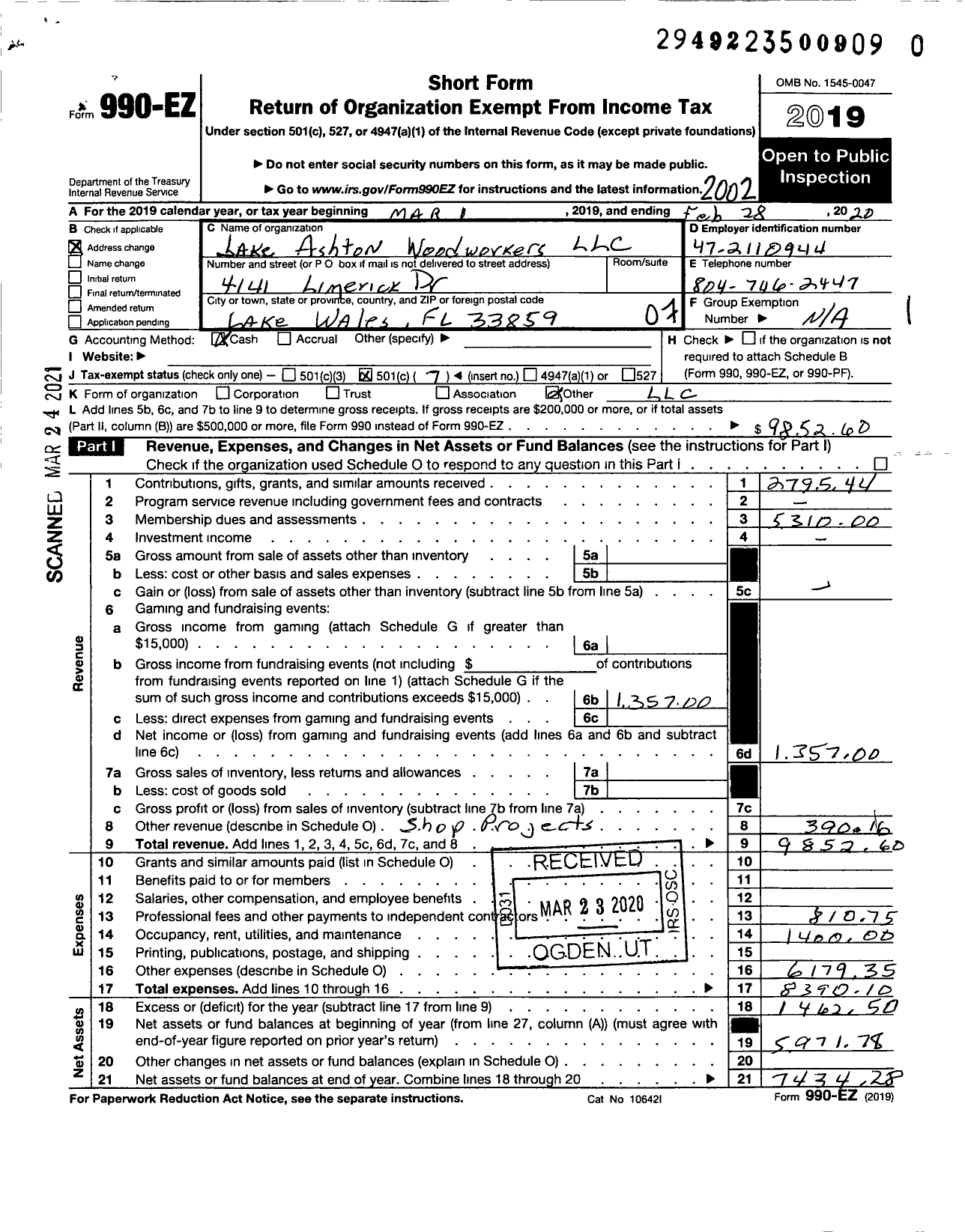 Image of first page of 2019 Form 990EO for Lake Ashton Woodworkers LLC