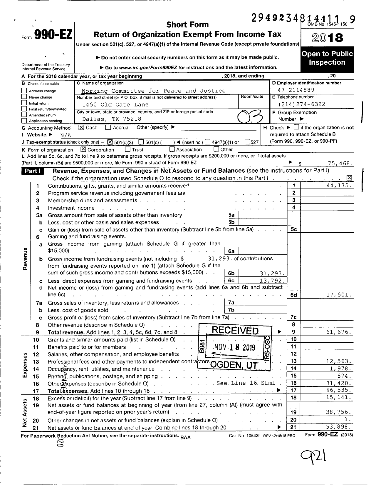 Image of first page of 2018 Form 990EZ for Working Committee for Peace and Justice