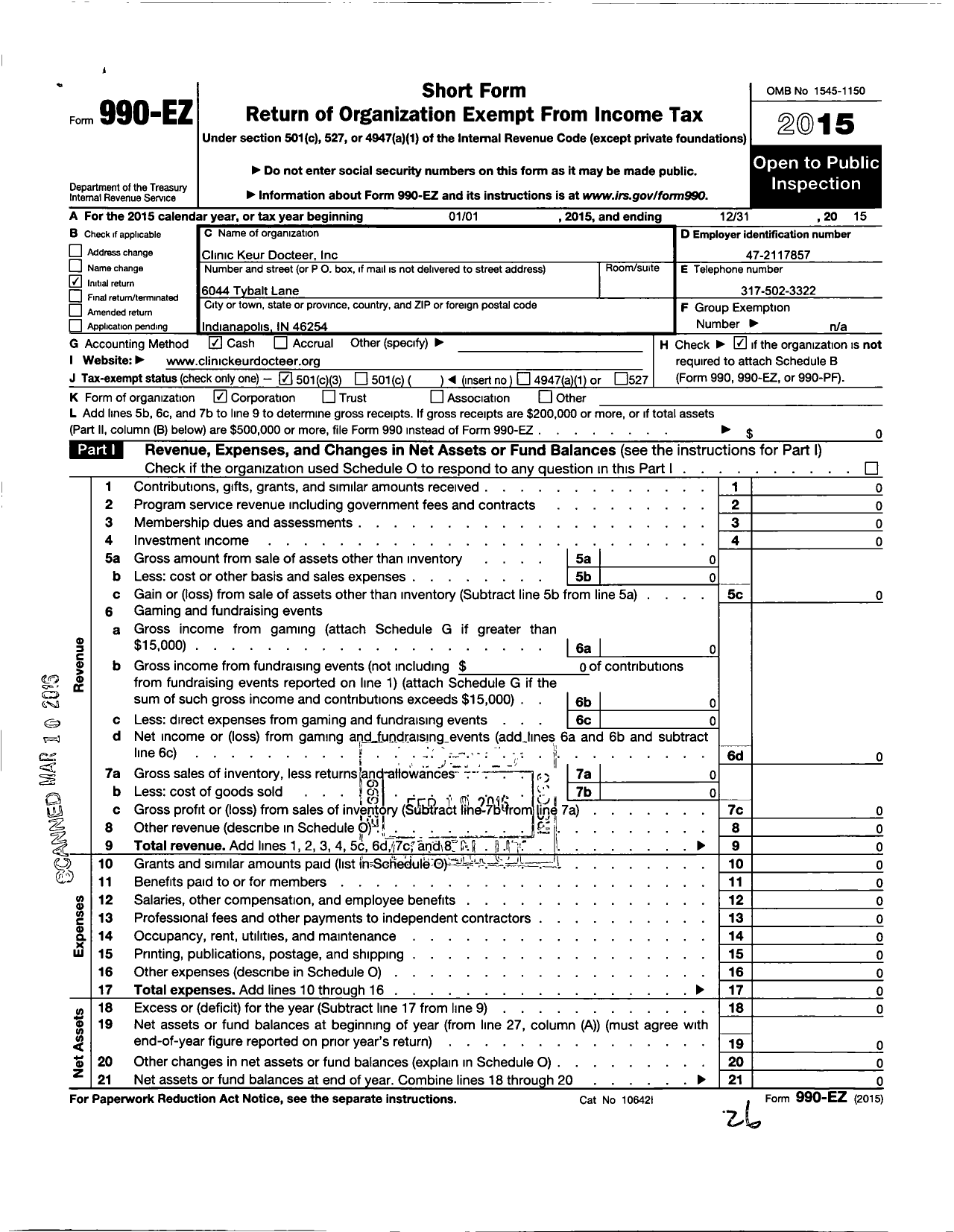 Image of first page of 2015 Form 990EZ for Clinic Keur Docteer