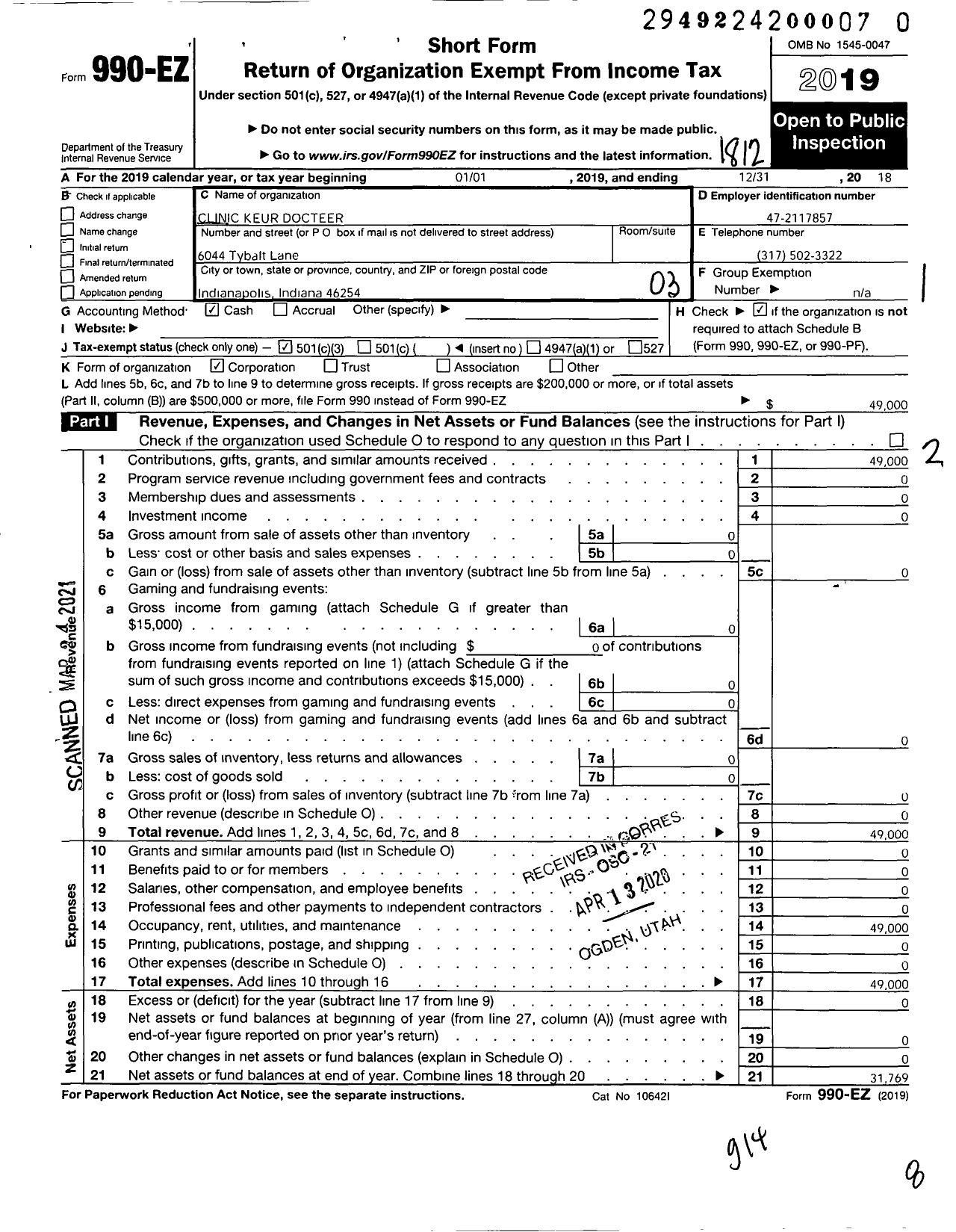 Image of first page of 2018 Form 990EZ for Clinic Keur Docteer