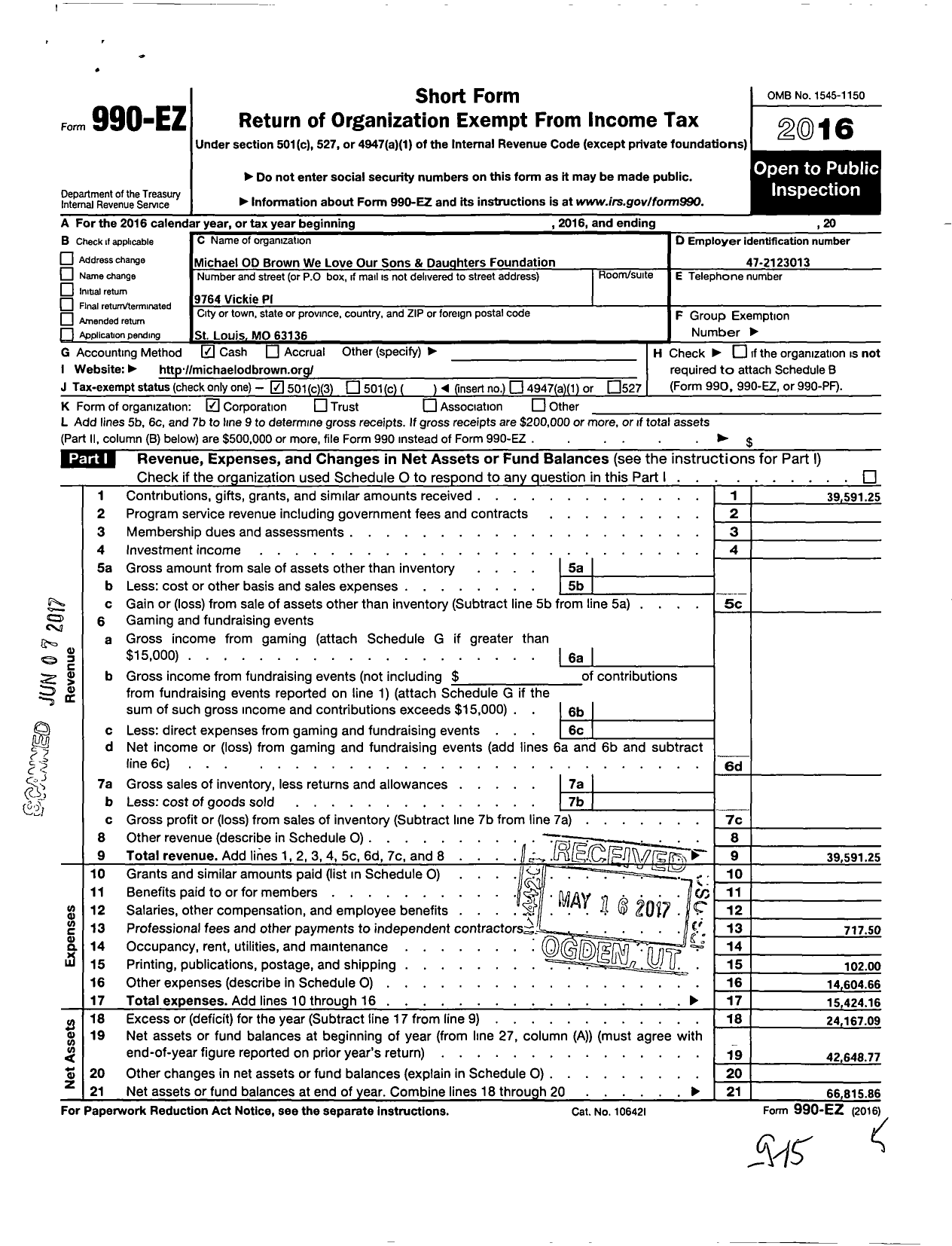 Image of first page of 2016 Form 990EZ for Michael OD Brown We Love Our Sons and Daughters