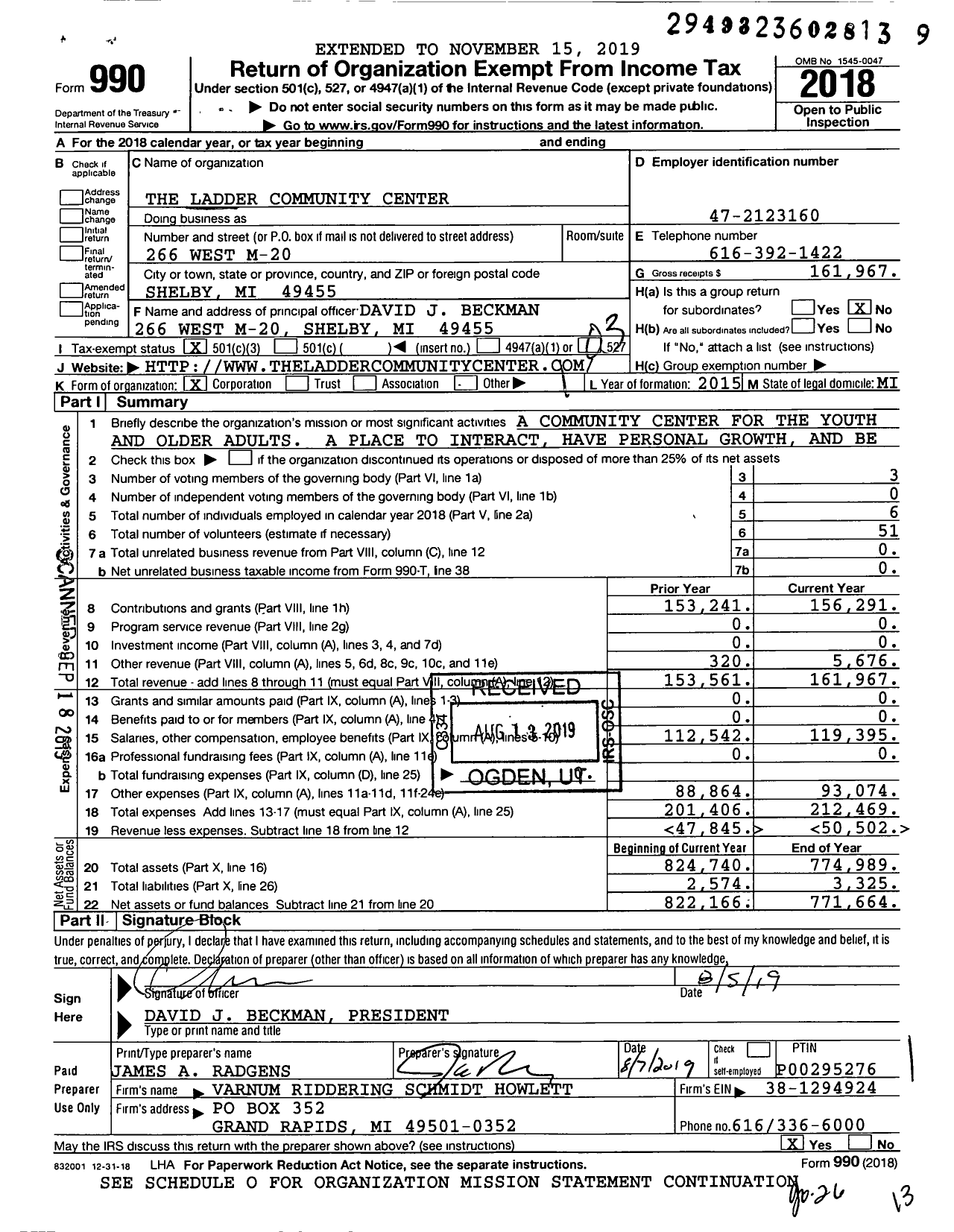 Image of first page of 2018 Form 990 for The Ladder Community Center