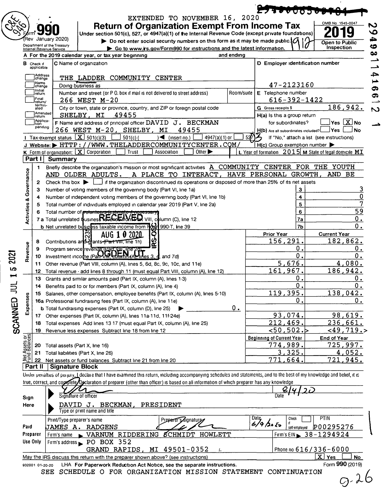 Image of first page of 2019 Form 990 for The Ladder Community Center