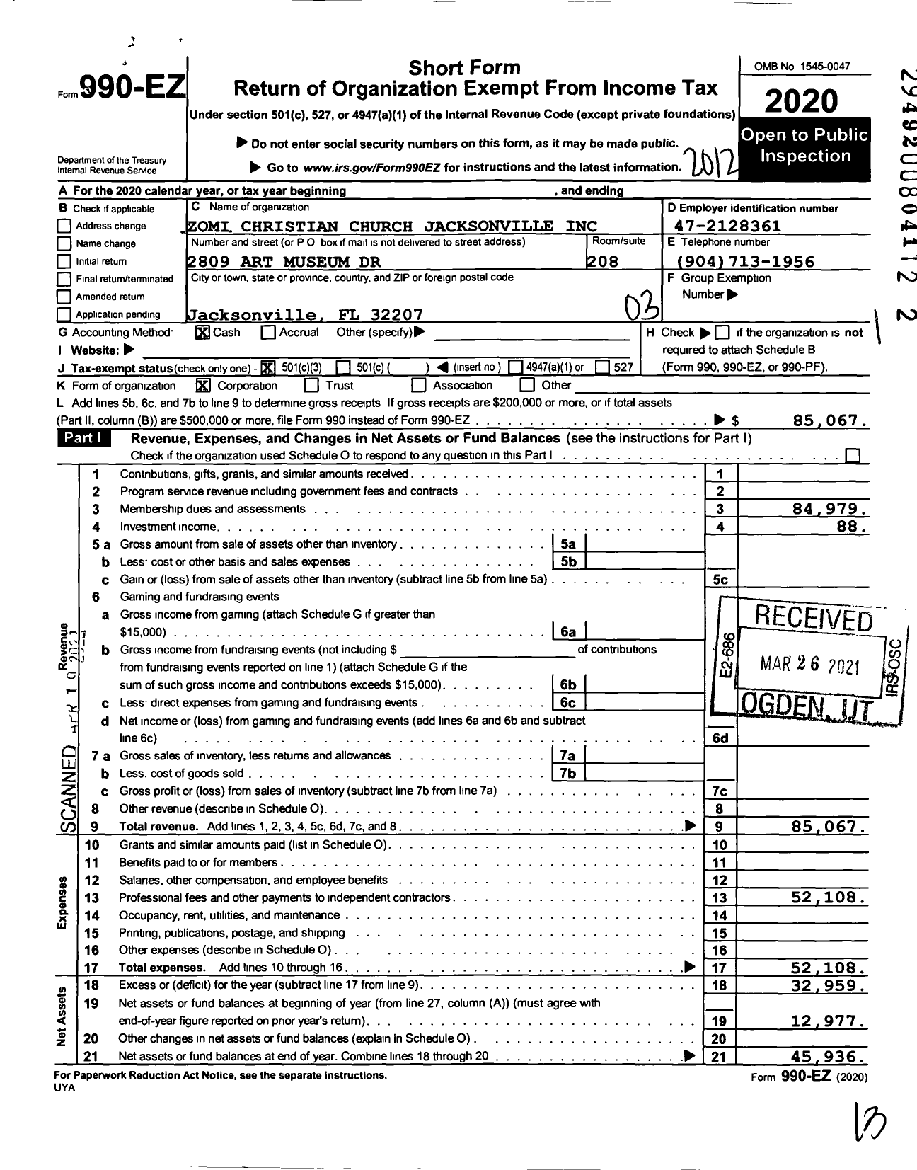 Image of first page of 2020 Form 990EZ for Zomi Christian Church Jacksonville