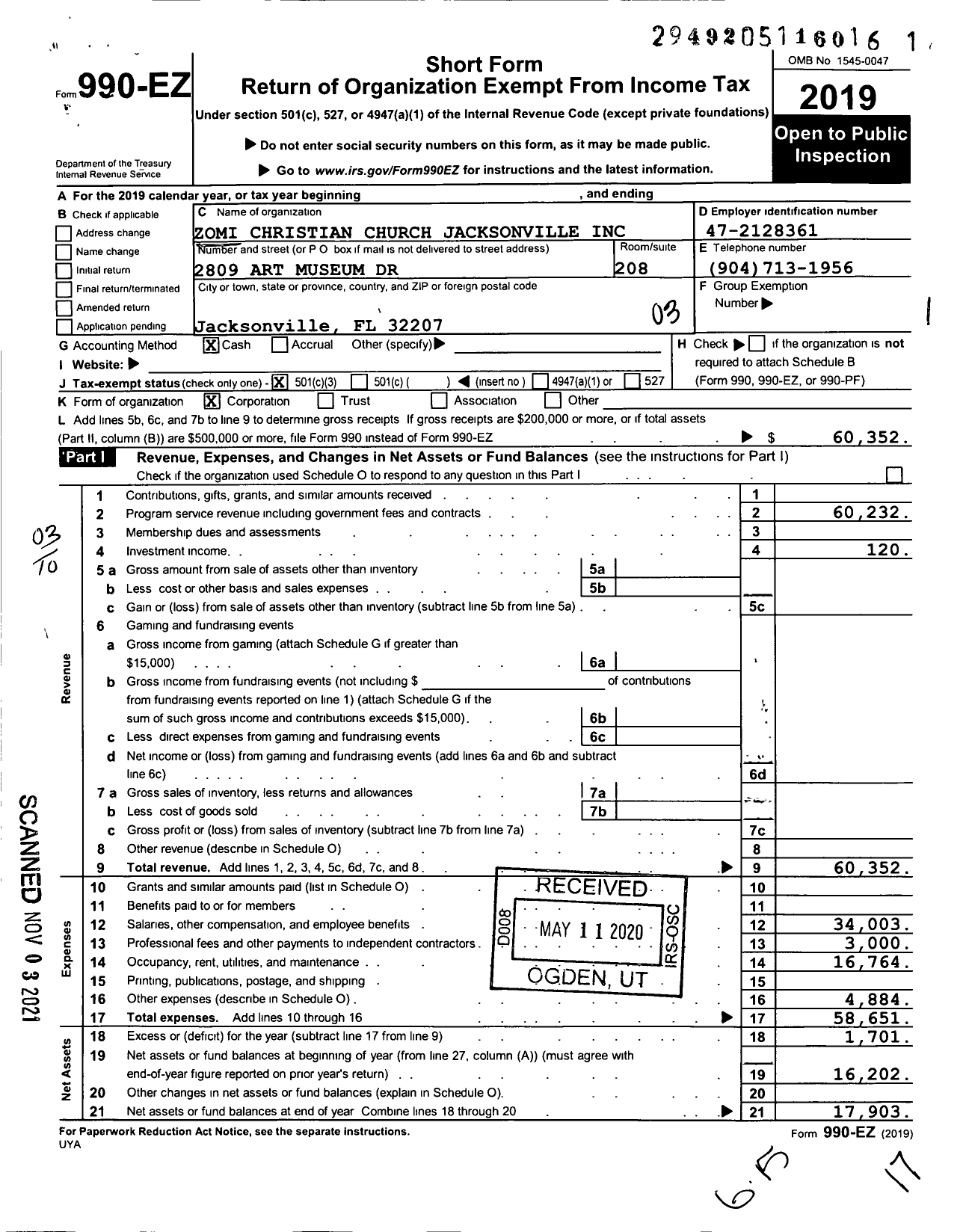 Image of first page of 2019 Form 990EZ for Zomi Christian Church Jacksonville