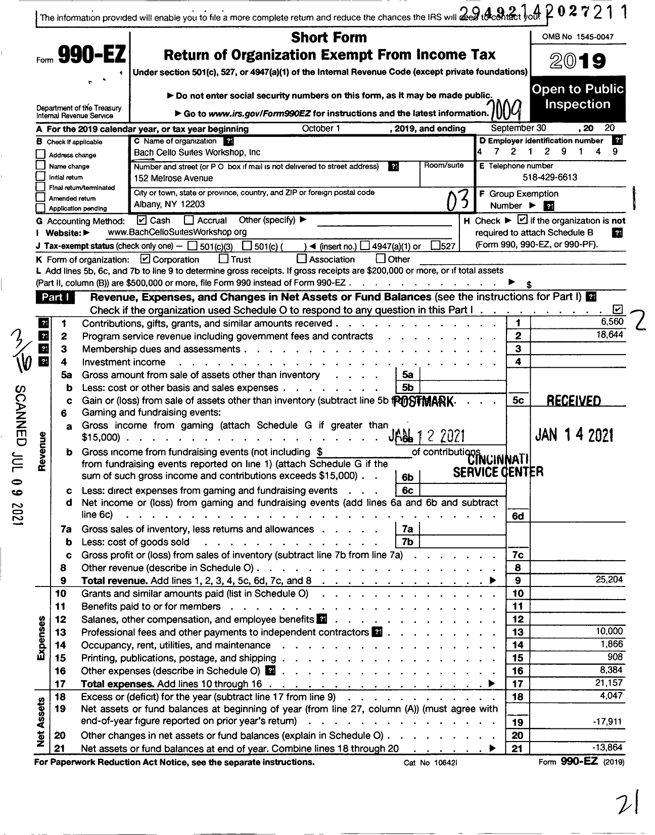 Image of first page of 2019 Form 990EZ for Bach Cello Suites Workshop