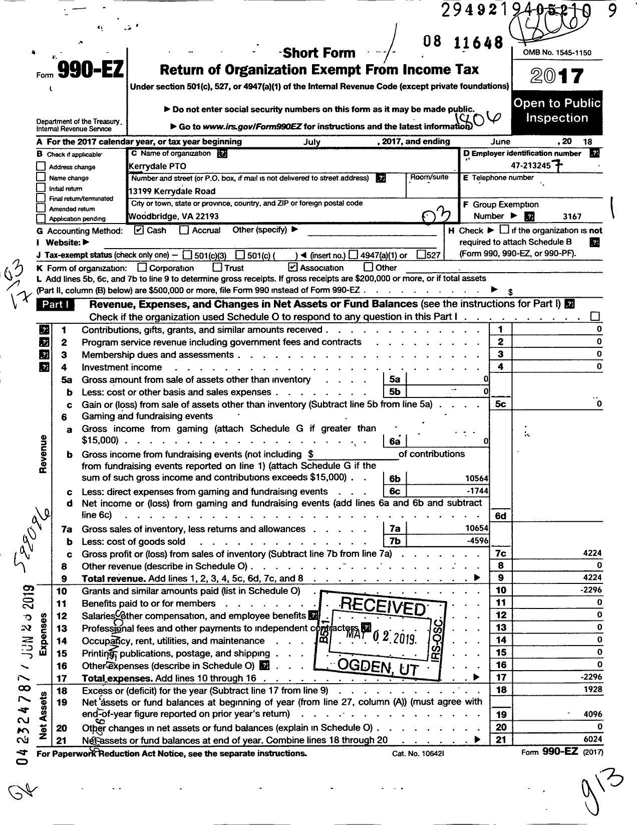 Image of first page of 2017 Form 990EZ for Pto Kerrydale Elementary School