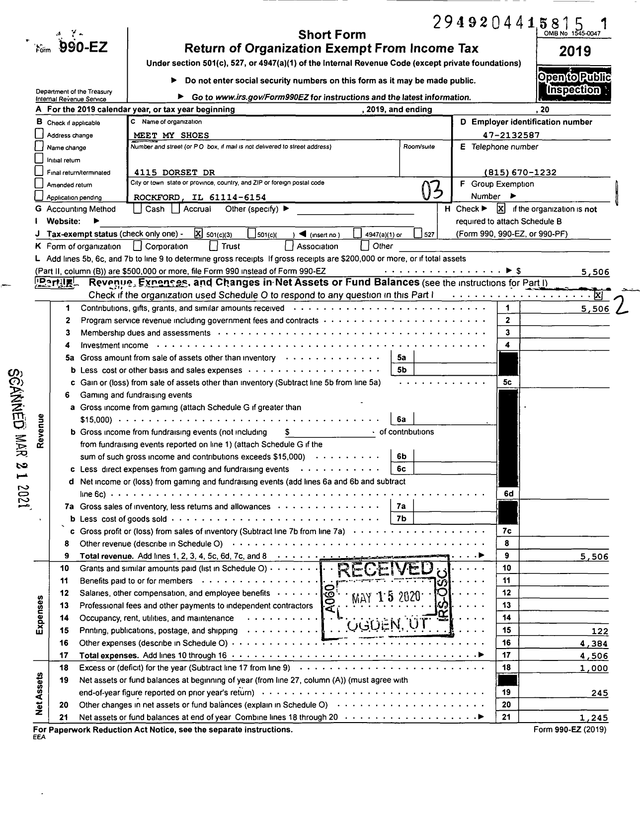 Image of first page of 2019 Form 990EZ for Meet My Shoes