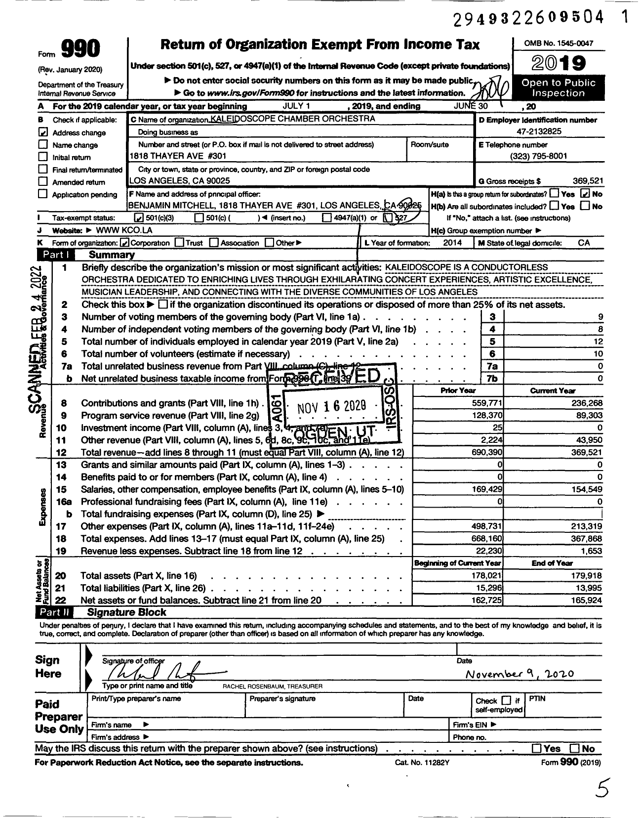 Image of first page of 2019 Form 990 for Kaleidoscope Chamber Orchestra