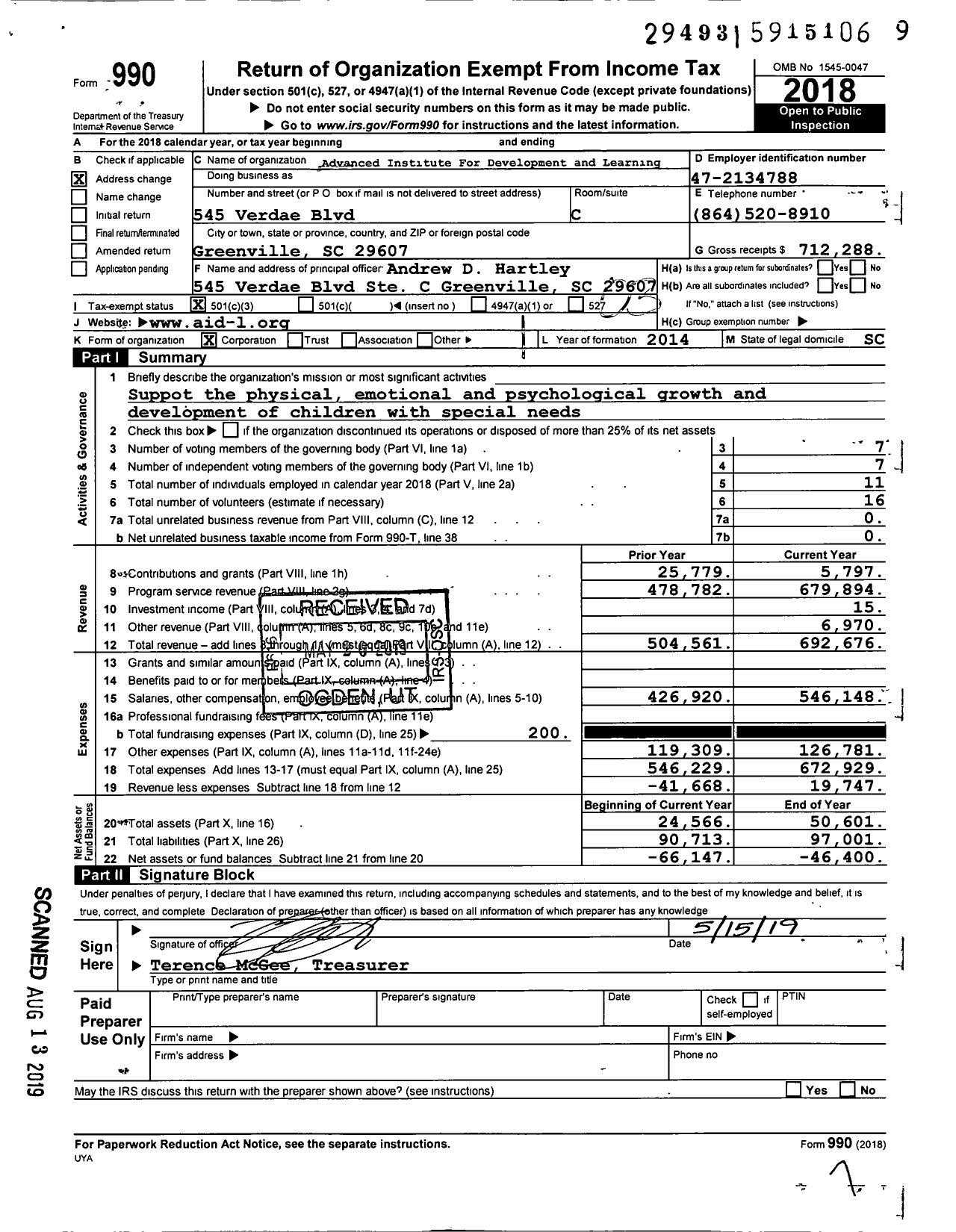Image of first page of 2018 Form 990 for Advanced Institute for Development and Learning (AID-L)