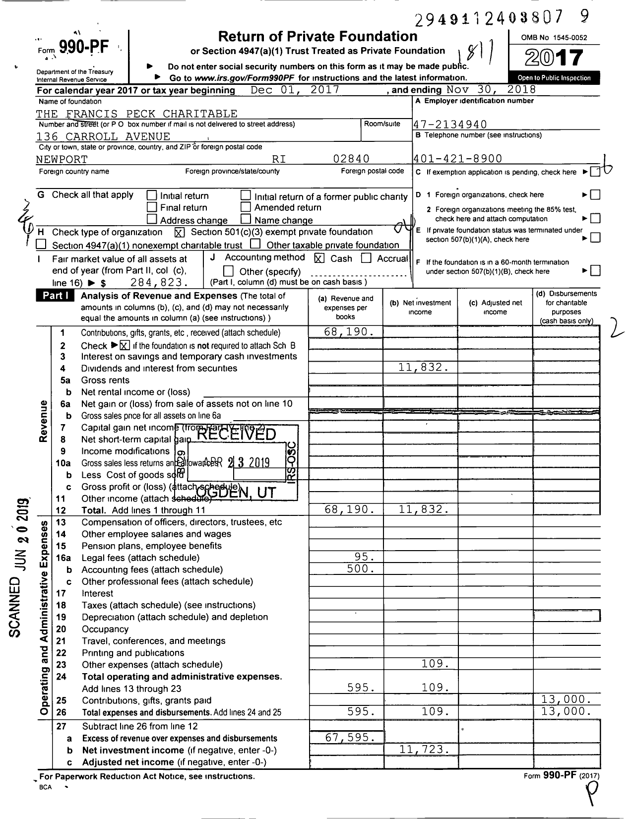 Image of first page of 2017 Form 990PF for The Francis Peck Charitable Foundation