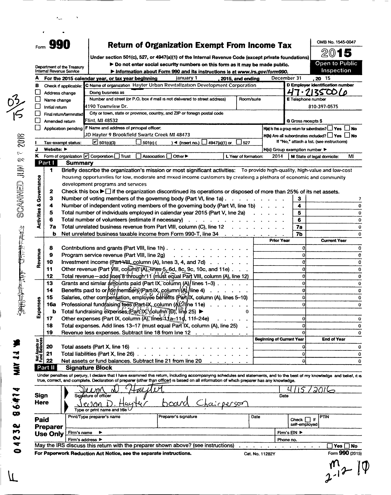 Image of first page of 2015 Form 990 for Hayter Urban Revitalization Development Corporation