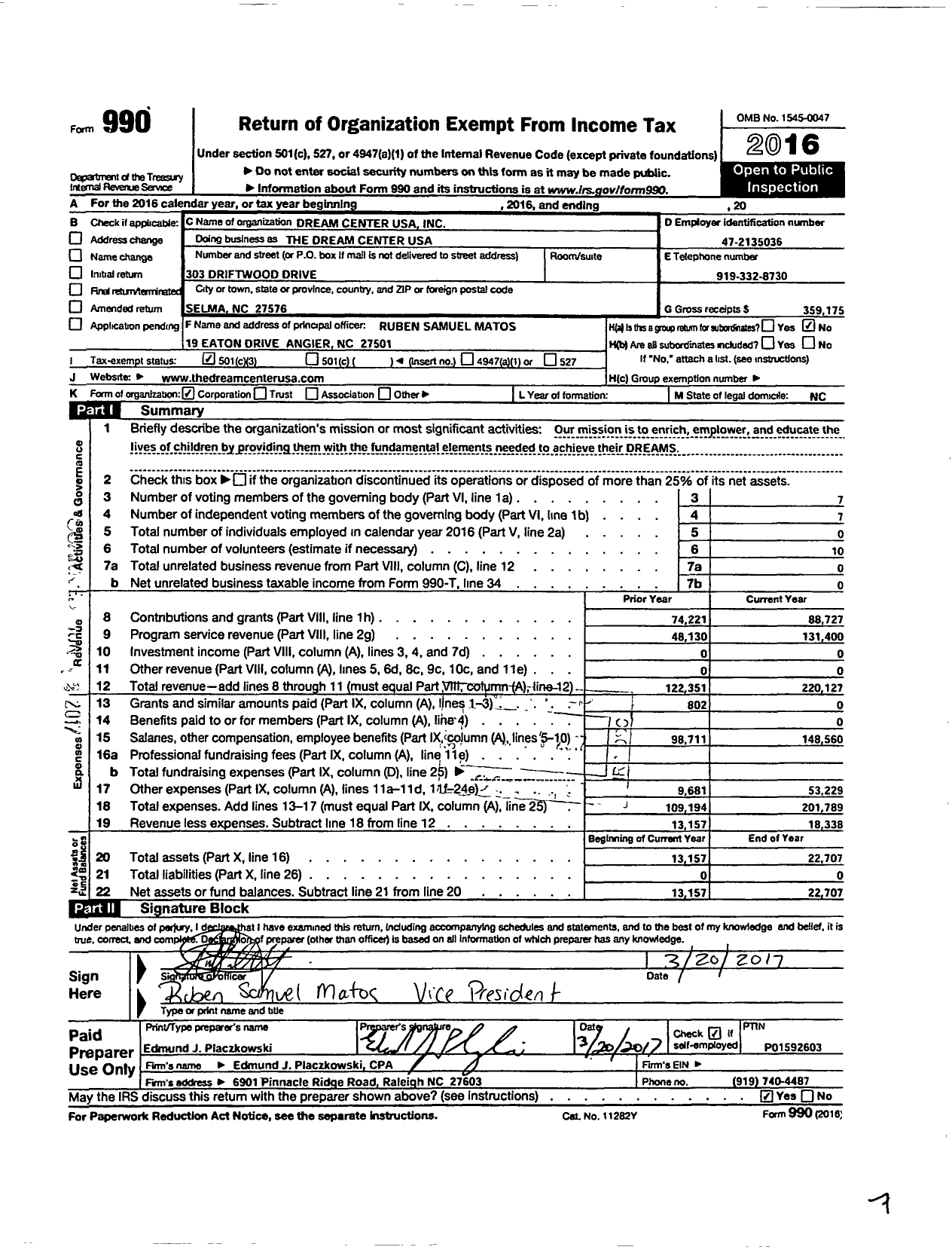 Image of first page of 2016 Form 990 for Dream Center USA