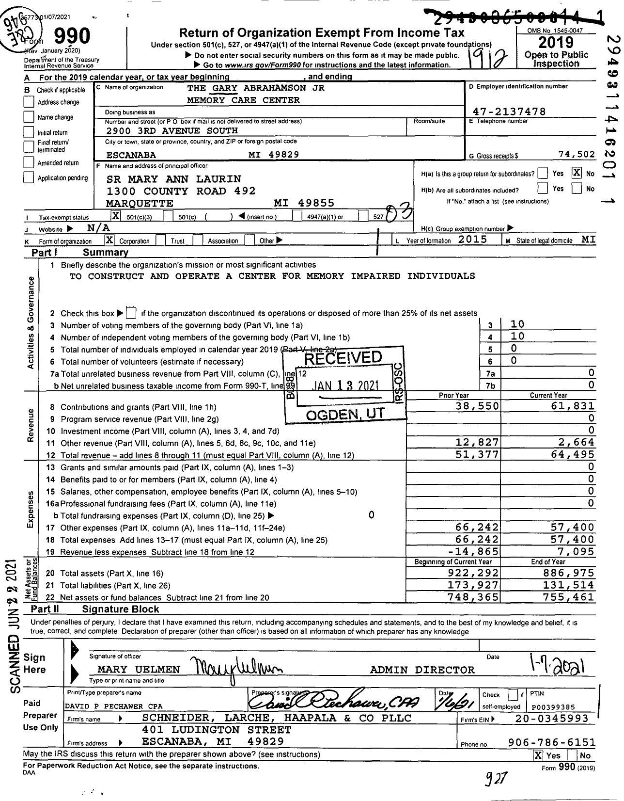 Image of first page of 2019 Form 990 for Gary Abrahamson Jr Memory Care Center