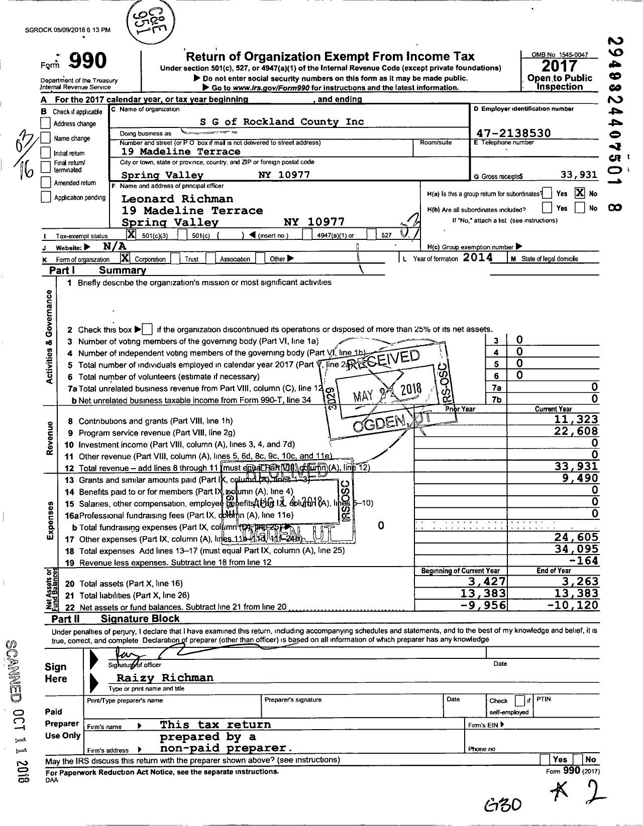 Image of first page of 2017 Form 990 for S G of Rockland County