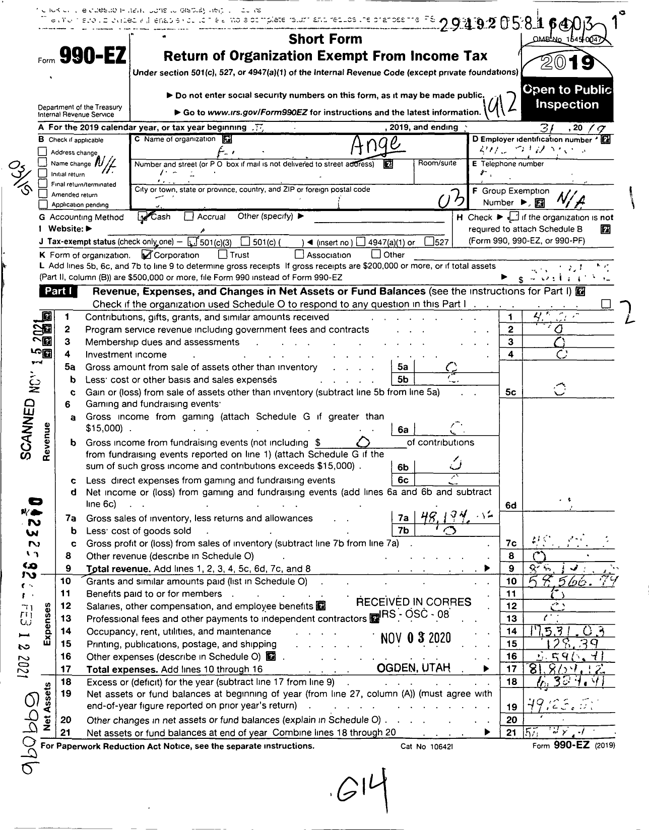 Image of first page of 2019 Form 990EZ for Angels Persist LLC