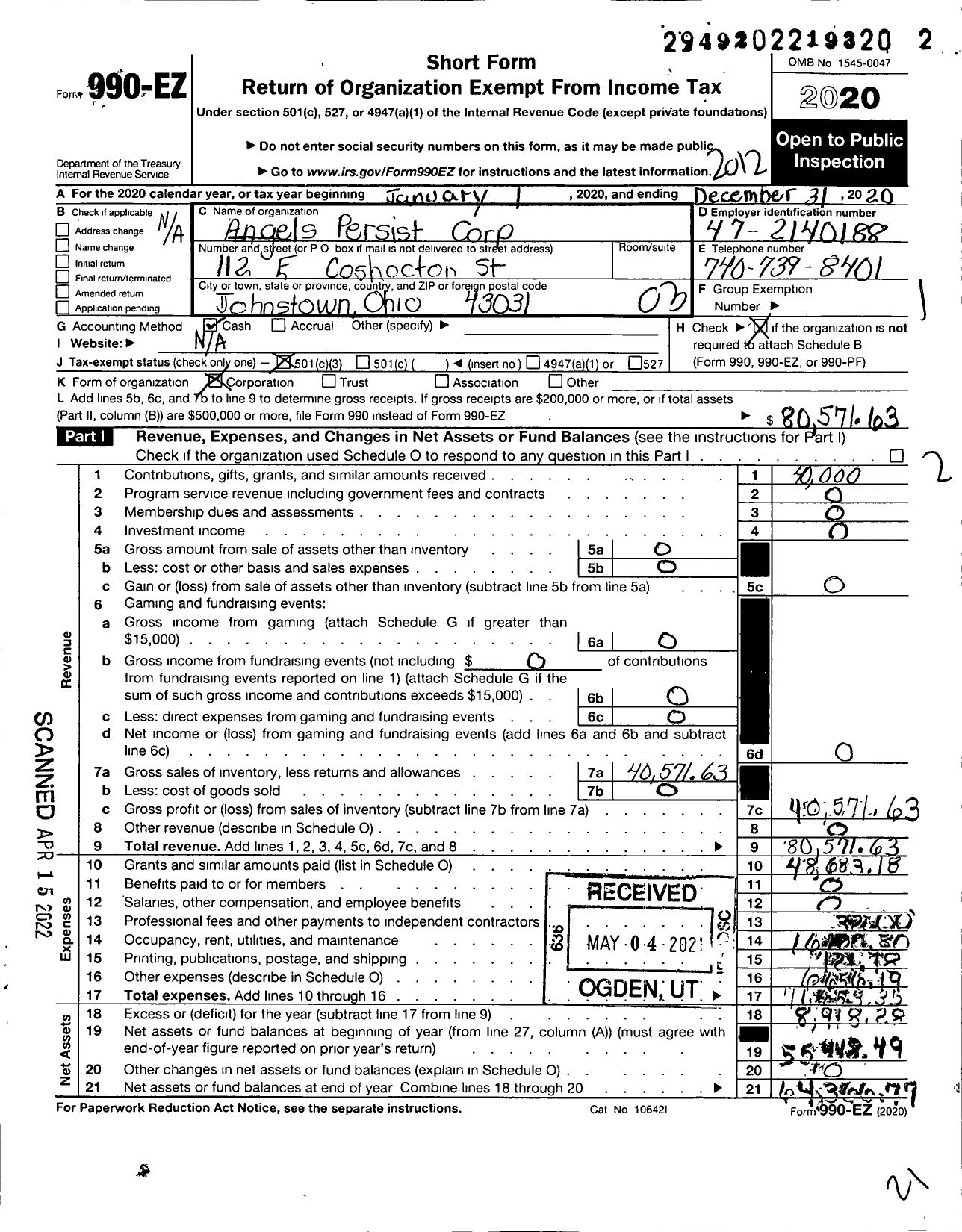 Image of first page of 2020 Form 990EZ for Angels Persist LLC