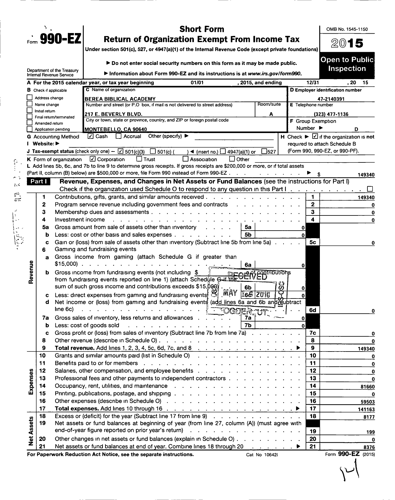 Image of first page of 2015 Form 990EZ for Berea Biblical Academy