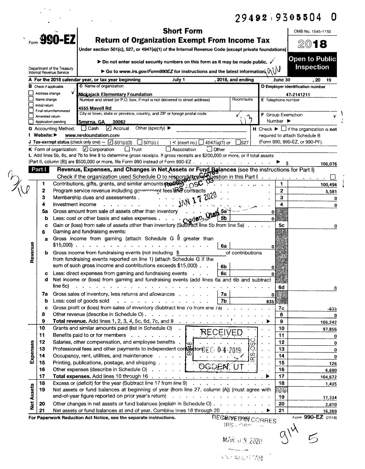 Image of first page of 2018 Form 990EZ for Nickajack Elementary Foundation Incorporated