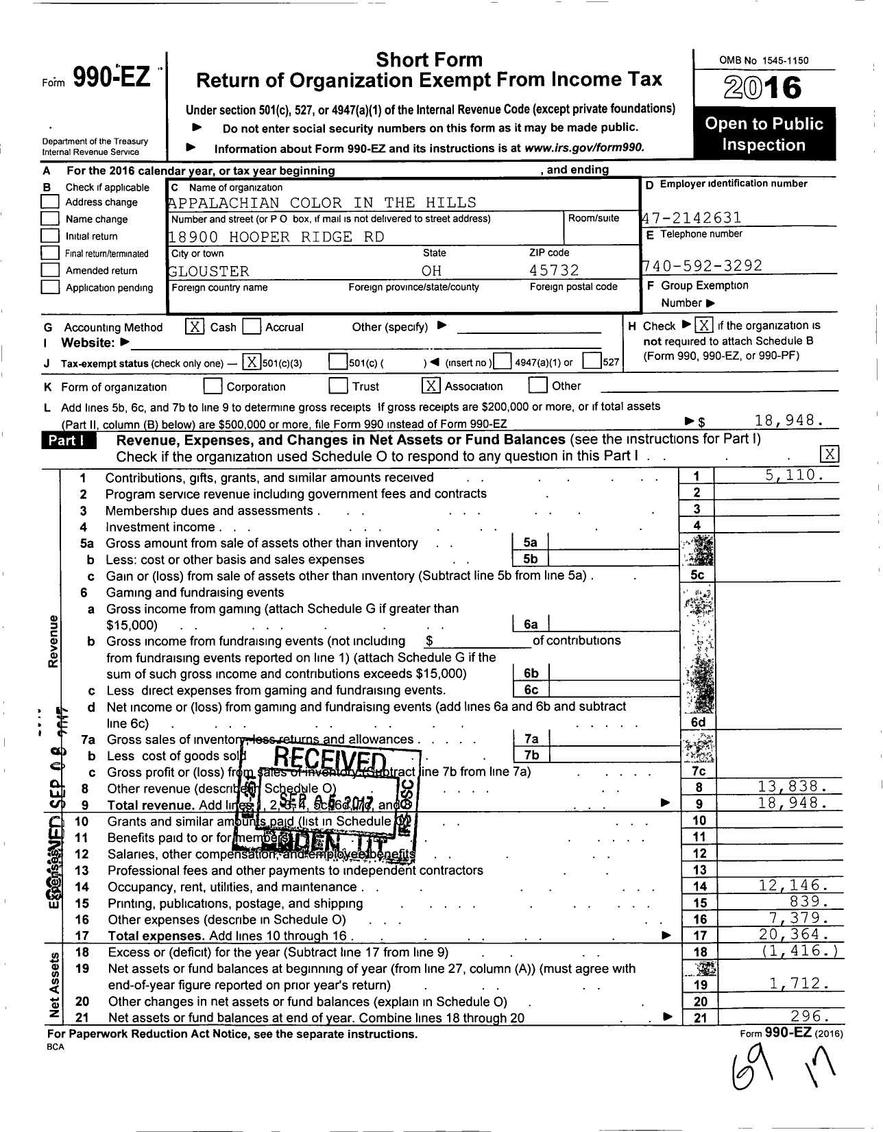 Image of first page of 2016 Form 990EZ for Appalachian Color in the Hills Festival