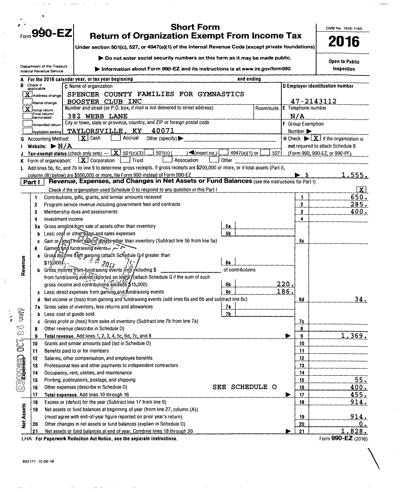 Image of first page of 2016 Form 990EZ for Spencer County Families for Gymnastics Booster Club