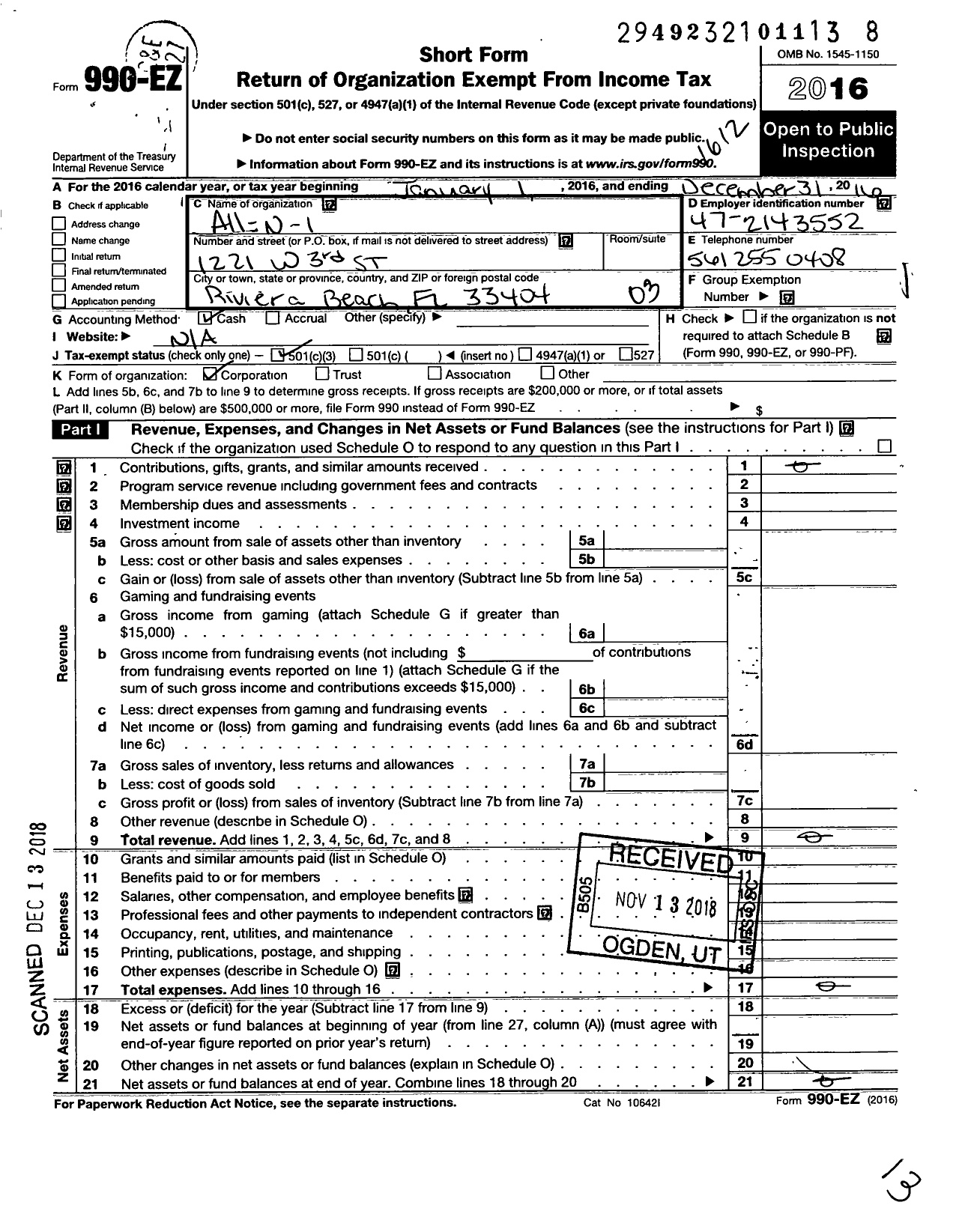 Image of first page of 2016 Form 990EZ for All-N-1